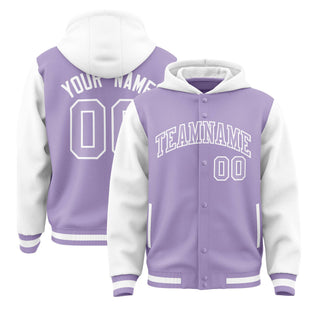 Custom Light Purple White Raglan Sleeves Varsity Full-Snap Letterman Two Tone Hoodie Jacket - Style 1