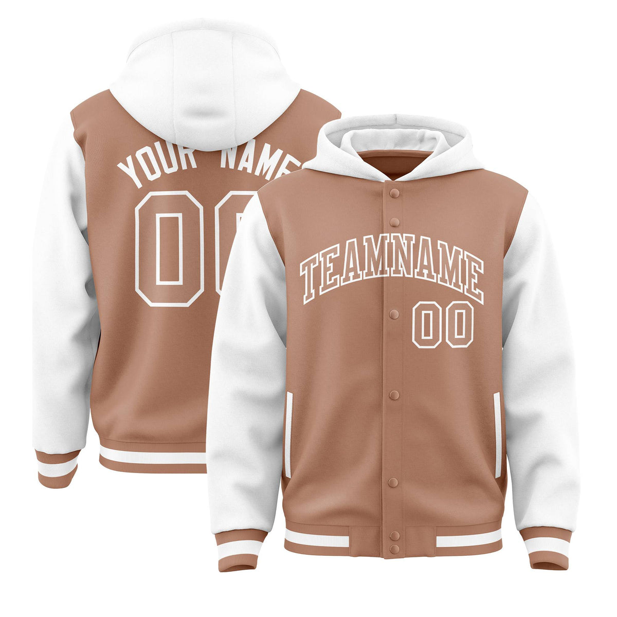 Custom Light Brown White Raglan Sleeves Varsity Full-Snap Letterman Two Tone Hoodie Jacket