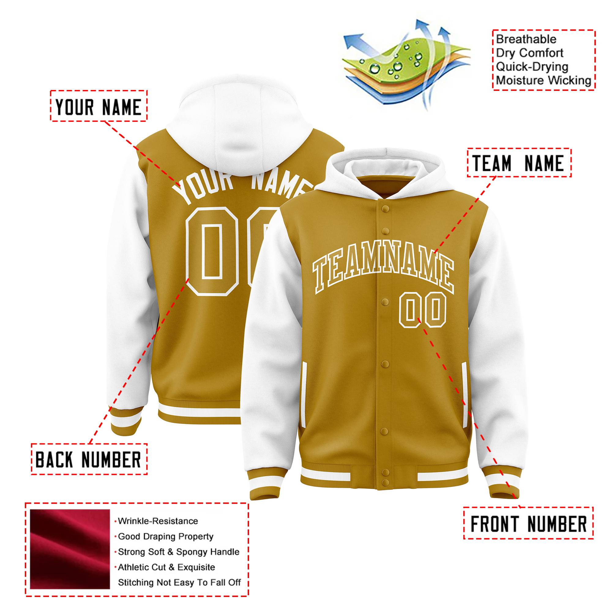 Custom Old Gold White Raglan Sleeves Varsity Full-Snap Letterman Two Tone Hoodie Jacket