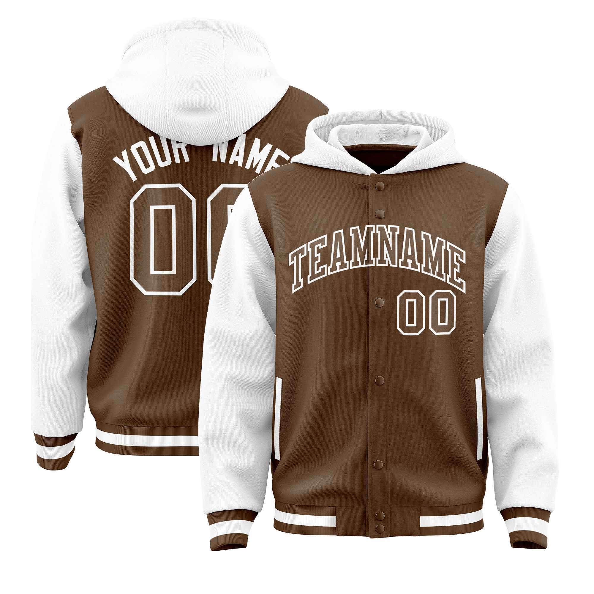 Custom Light Brown White Raglan Sleeves Varsity Full-Snap Letterman Two Tone Hoodie Jacket