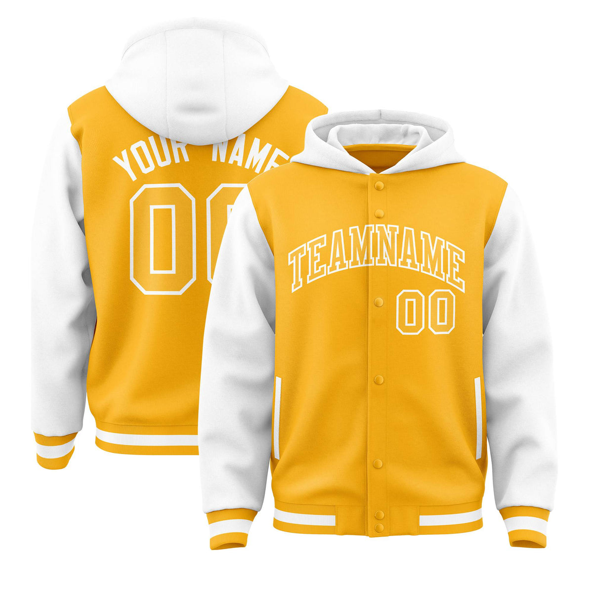 Custom Gold White Raglan Sleeves Varsity Full-Snap Letterman Two Tone Hoodie Jacket