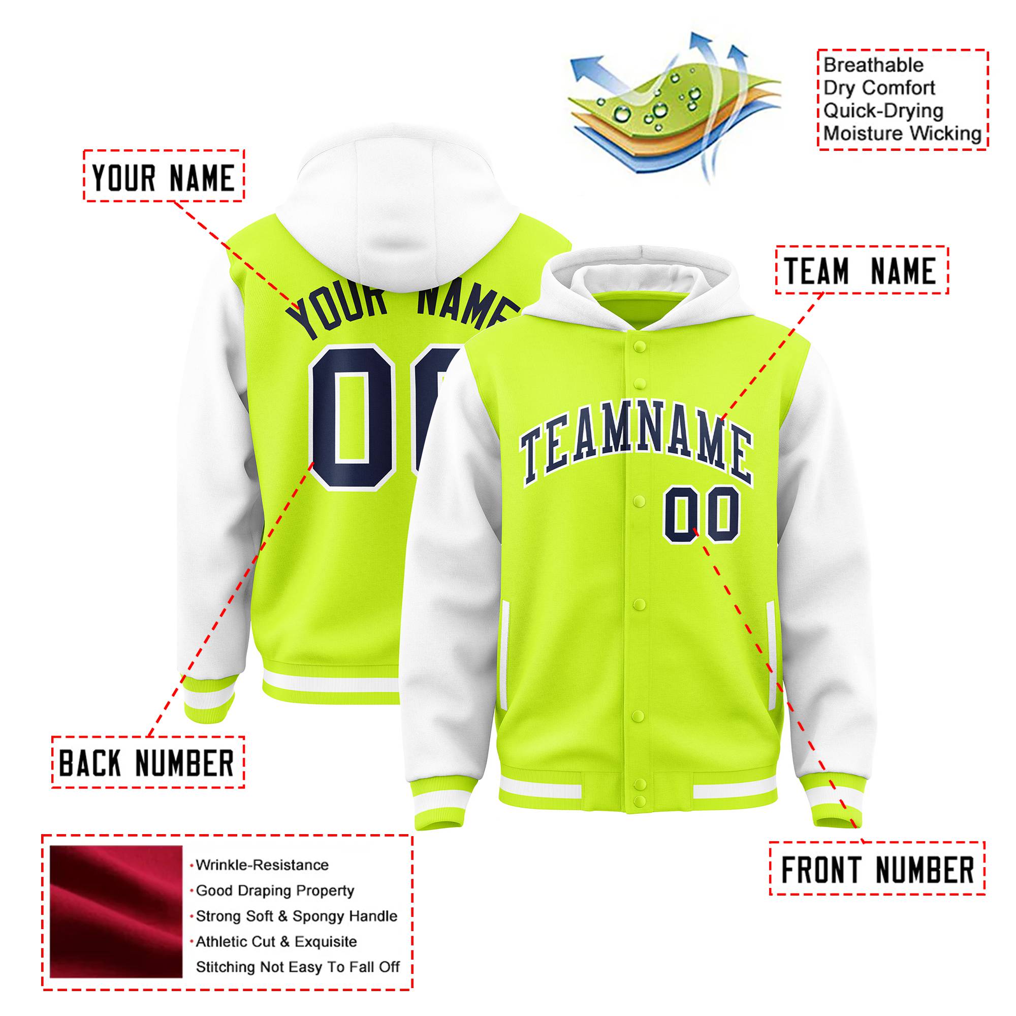 Custom Fluorescent Green White Raglan Sleeves Varsity Full-Snap Letterman Two Tone Hoodie Jacket