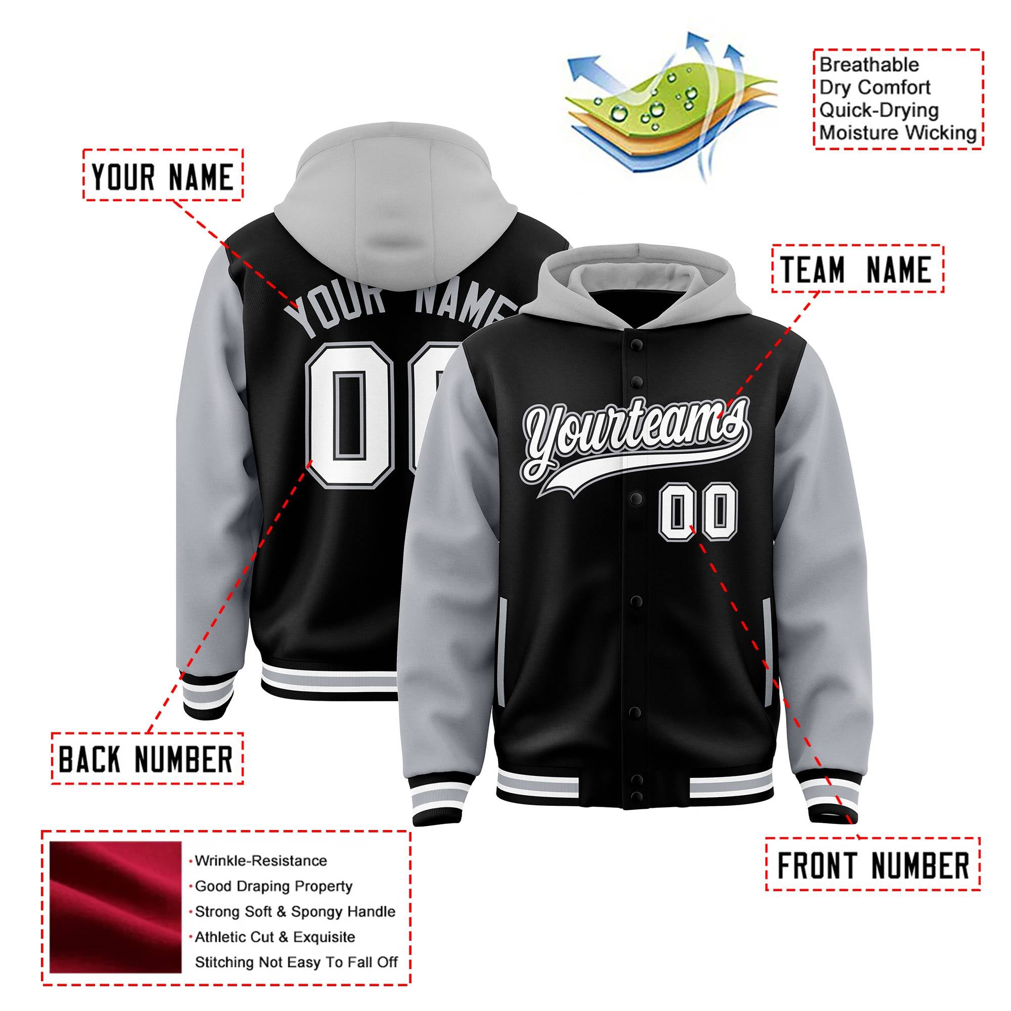 Custom Black Gray Raglan Sleeves Varsity Full-Snap Letterman Two Tone Hoodie Jacket