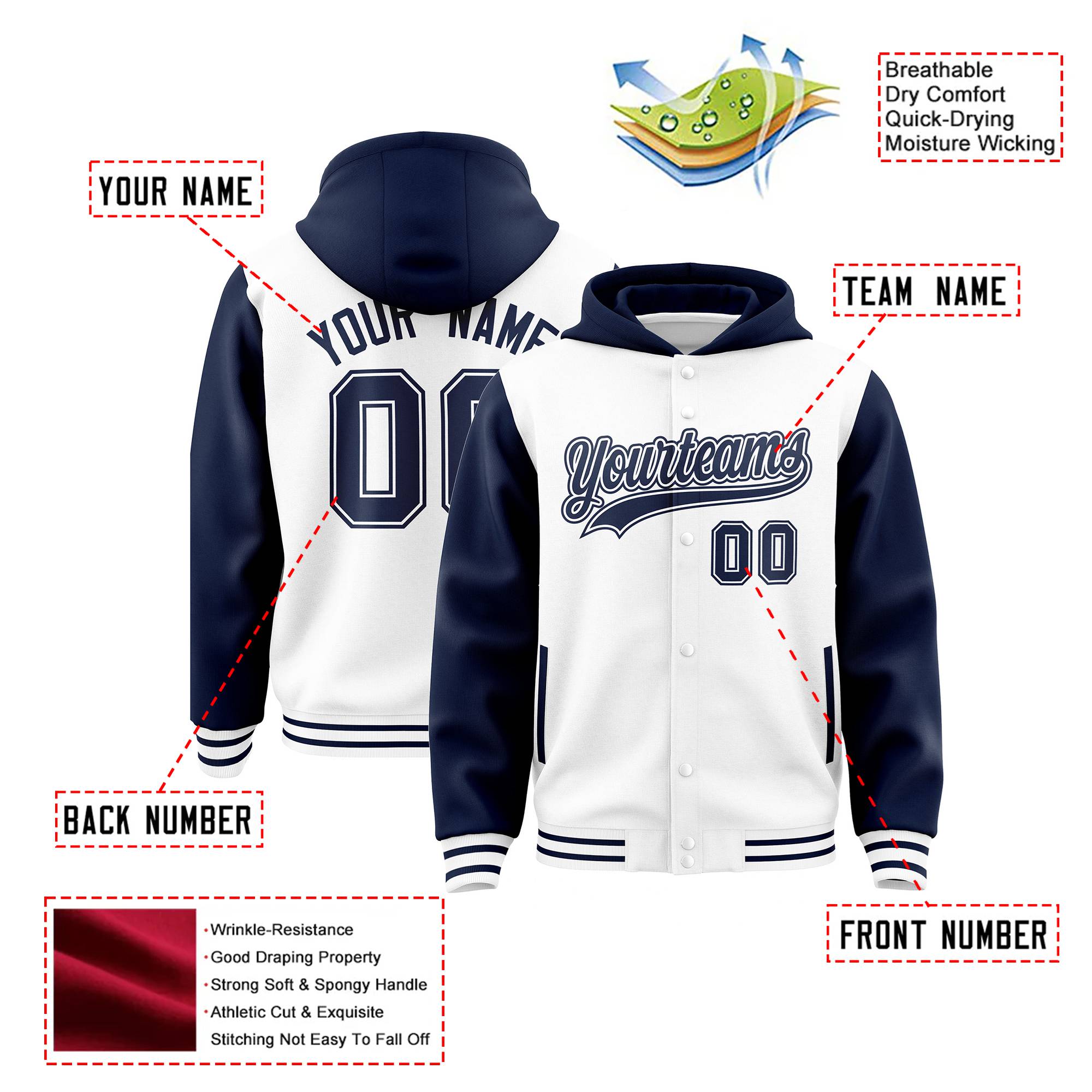 Custom White Navy Raglan Sleeves Varsity Full-Snap Letterman Two Tone Hoodie Jacket