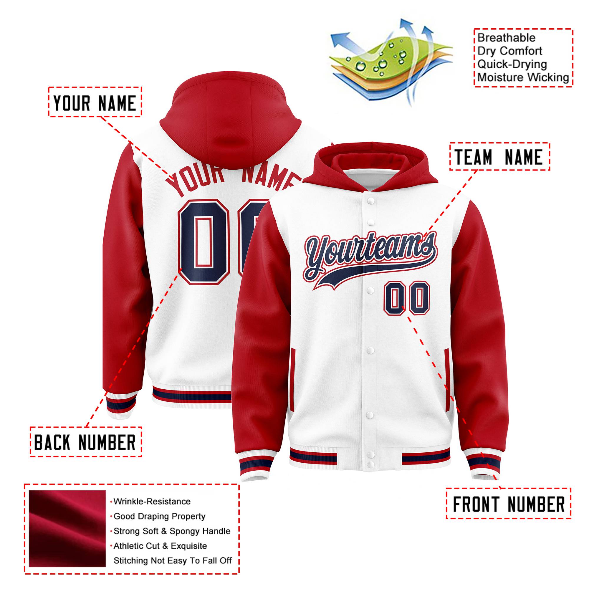 Custom White Red Raglan Sleeves Varsity Full-Snap Letterman Two Tone Hoodie Jacket