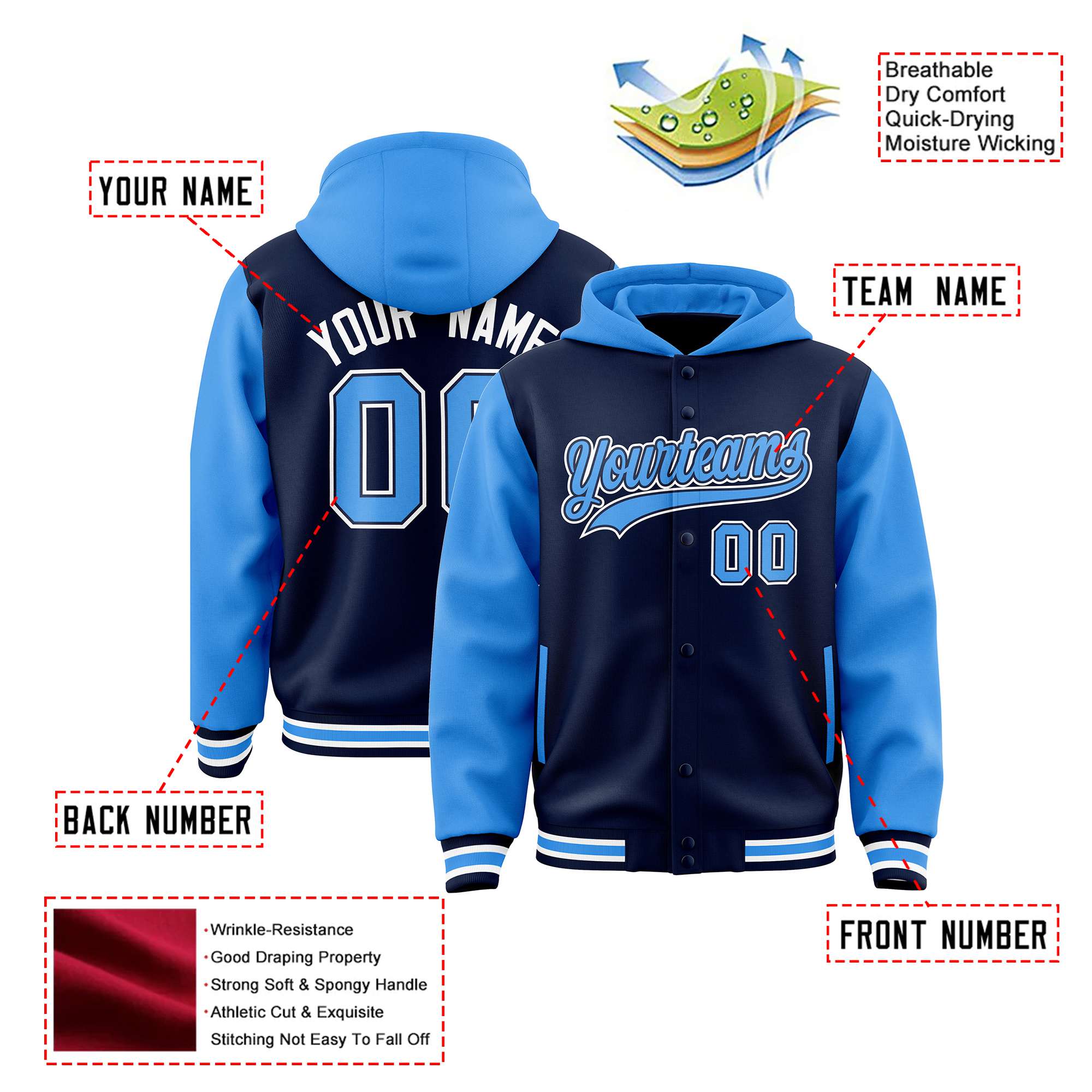 Custom Navy Powder Blue Raglan Sleeves Varsity Full-Snap Letterman Two Tone Hoodie Jacket