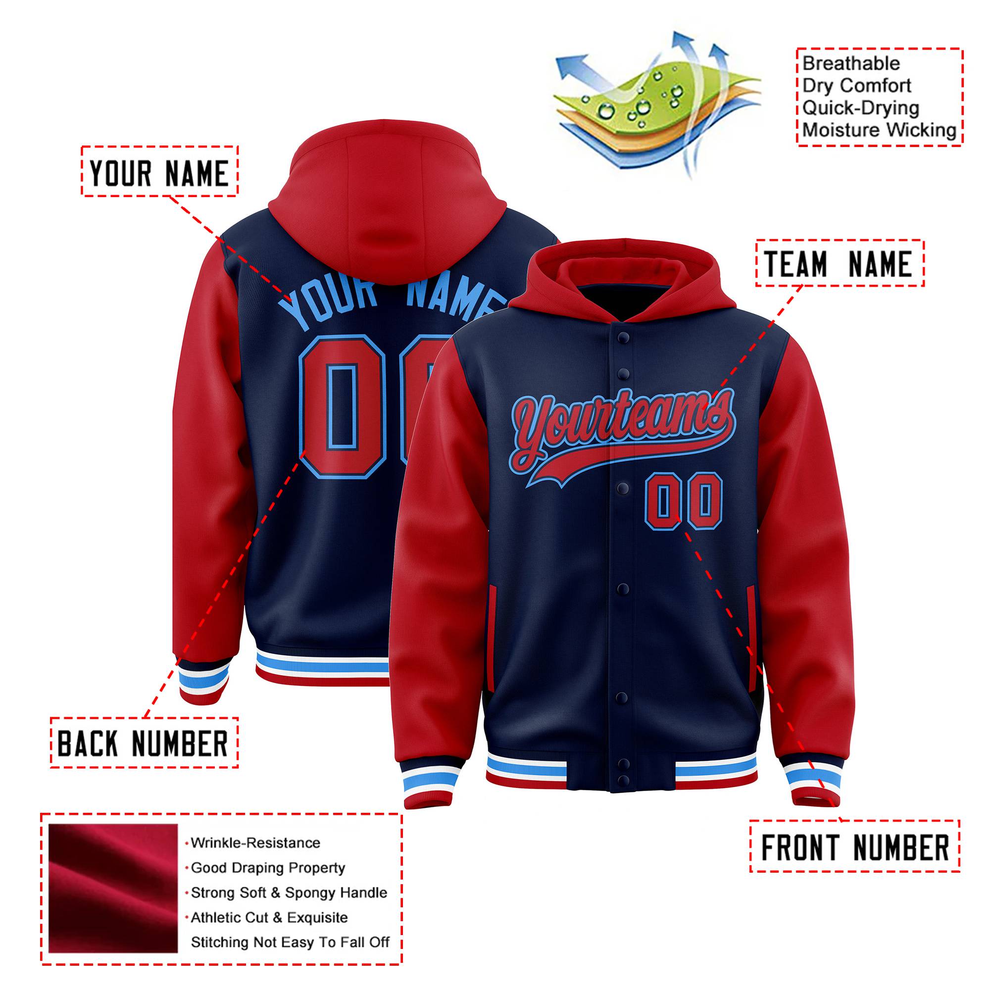 Custom Navy Red Raglan Sleeves Varsity Full-Snap Letterman Two Tone Hoodie Jacket