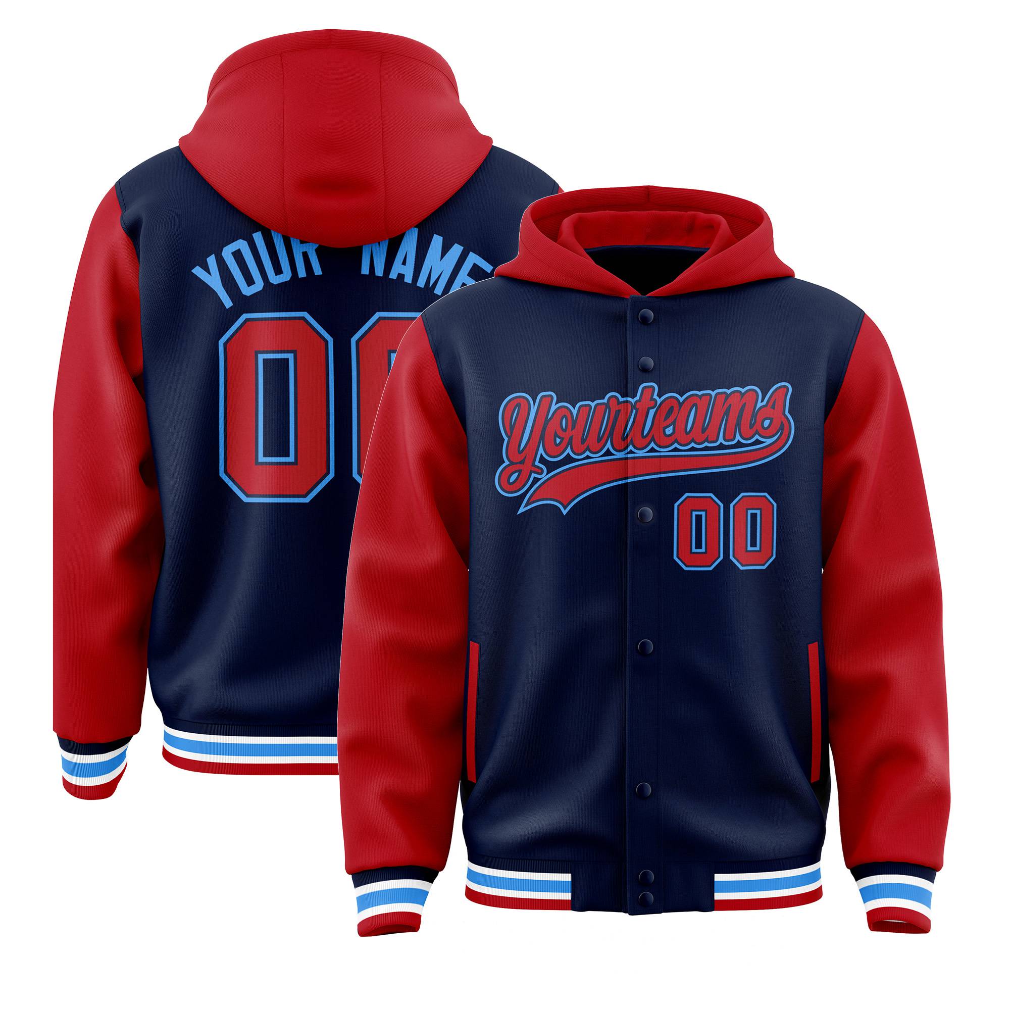 Custom Navy Red Raglan Sleeves Varsity Full-Snap Letterman Two Tone Hoodie Jacket