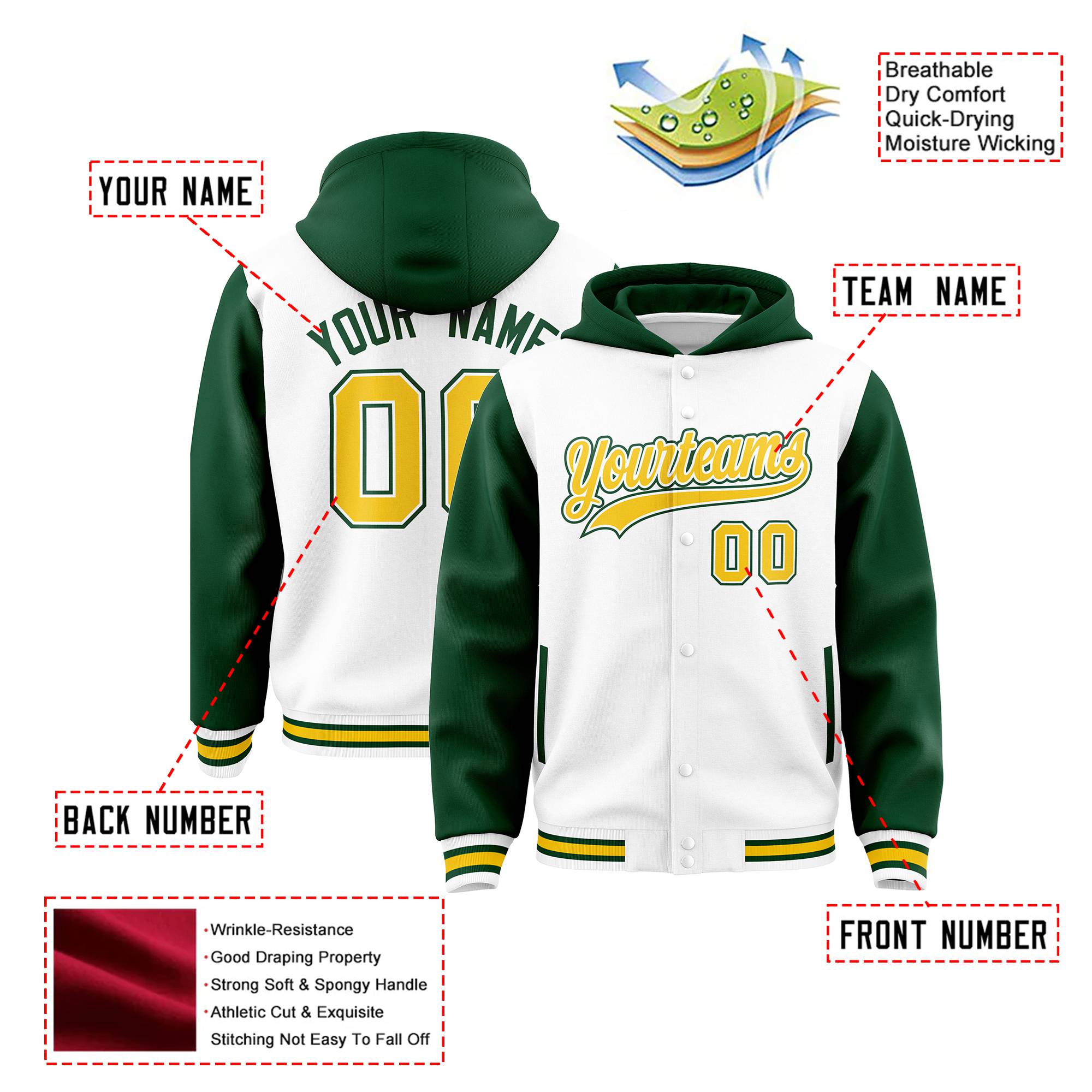 Custom White Green Raglan Sleeves Varsity Full-Snap Letterman Two Tone Hoodie Jacket