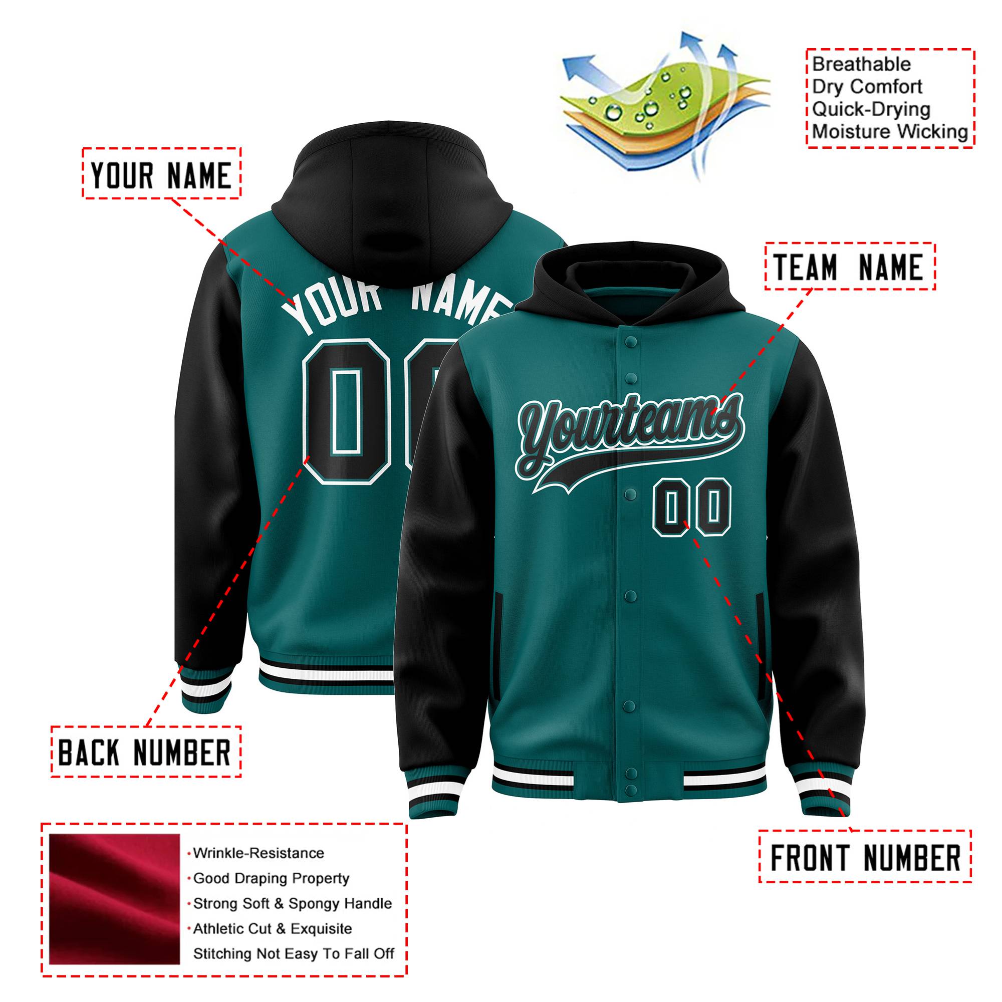 Custom Aqua Black Raglan Sleeves Varsity Full-Snap Letterman Two Tone Hoodie Jacket