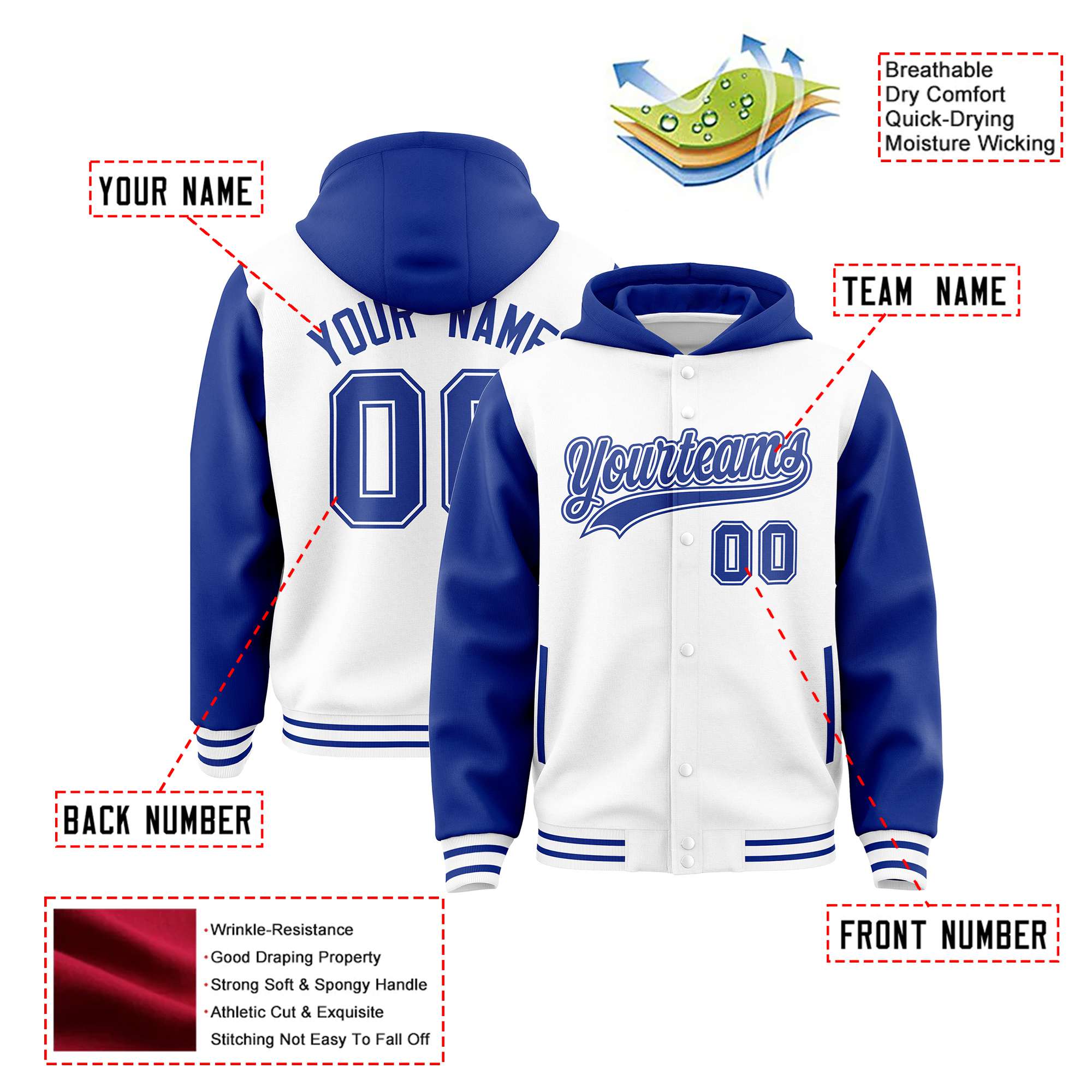 Custom White Royal Blue Raglan Sleeves Varsity Full-Snap Letterman Two Tone Hoodie Jacket