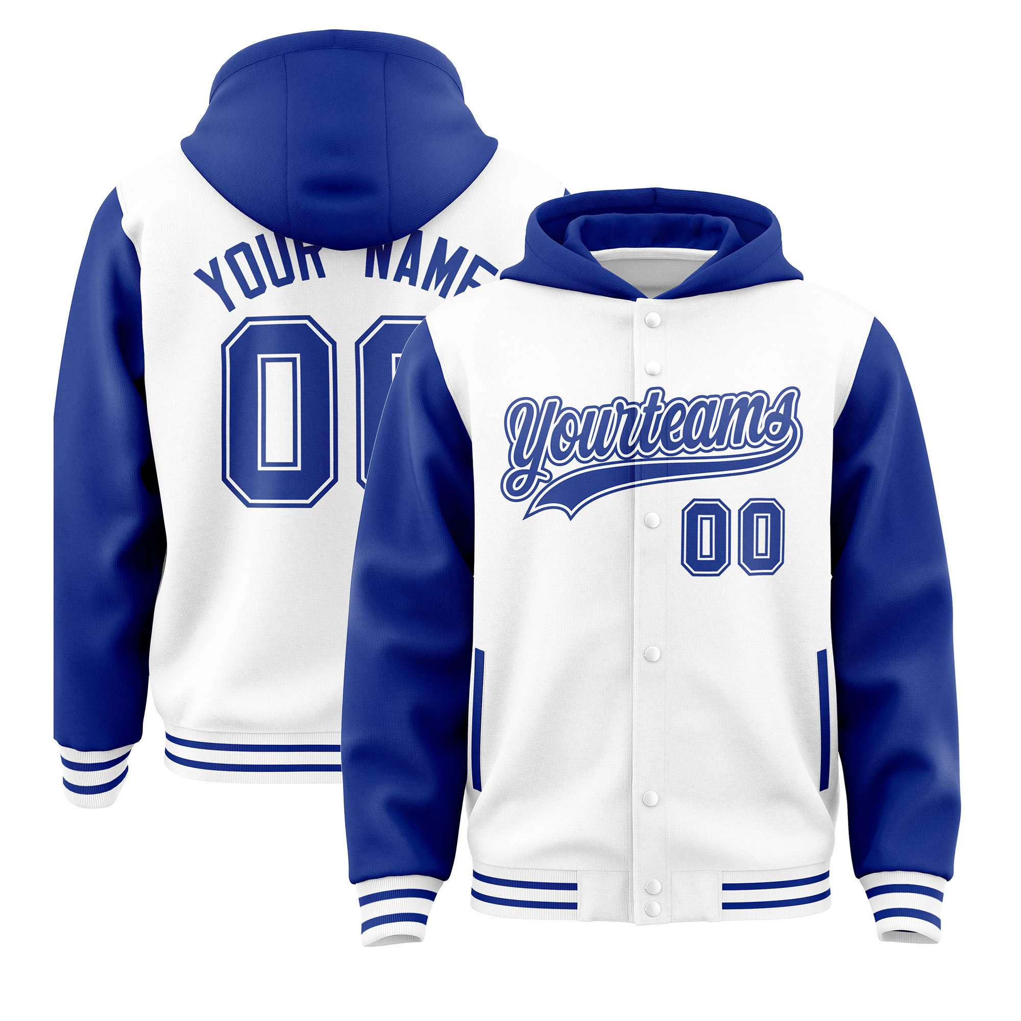 Custom White Royal Blue Raglan Sleeves Varsity Full-Snap Letterman Two Tone Hoodie Jacket