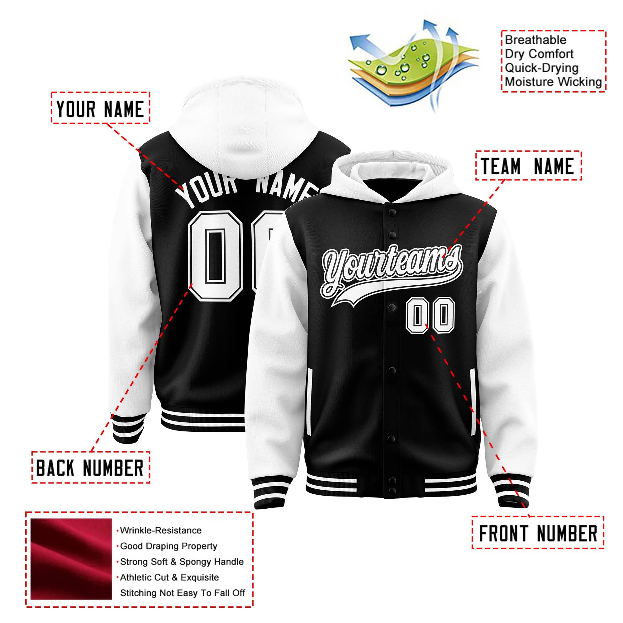 Custom Black White Raglan Sleeves Varsity Full-Snap Letterman Two Tone Hoodie Jacket