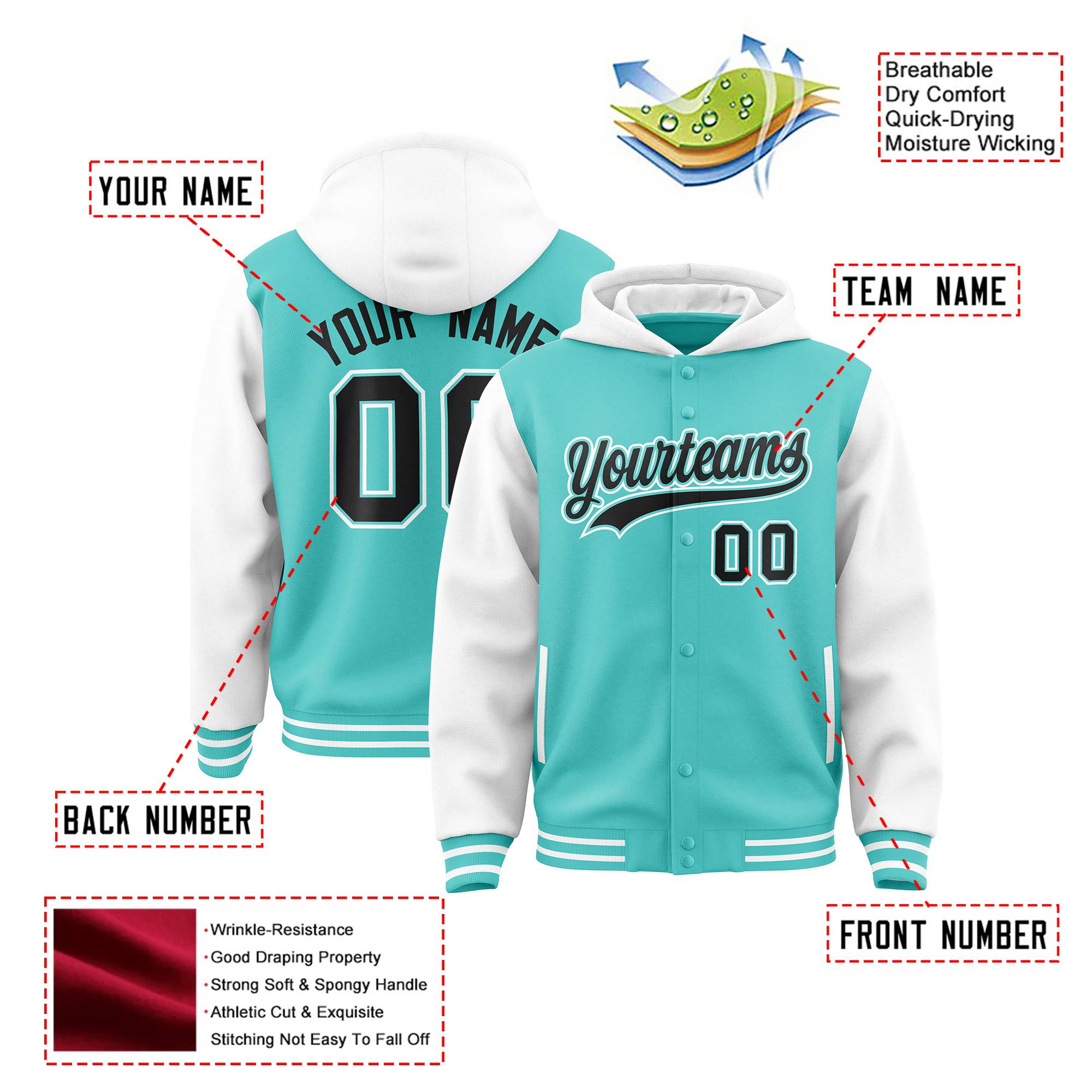 Custom Aqua White Raglan Sleeves Varsity Full-Snap Letterman Two Tone Hoodie Jacket