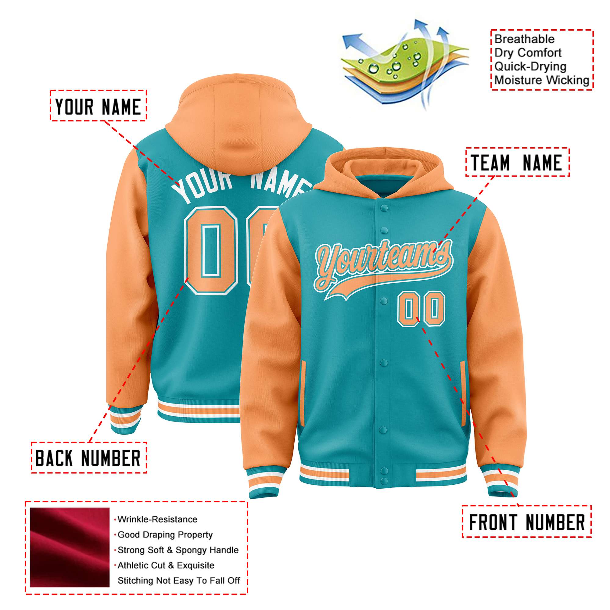 Custom Aqua Orange Raglan Sleeves Varsity Full-Snap Letterman Two Tone Hoodie Jacket