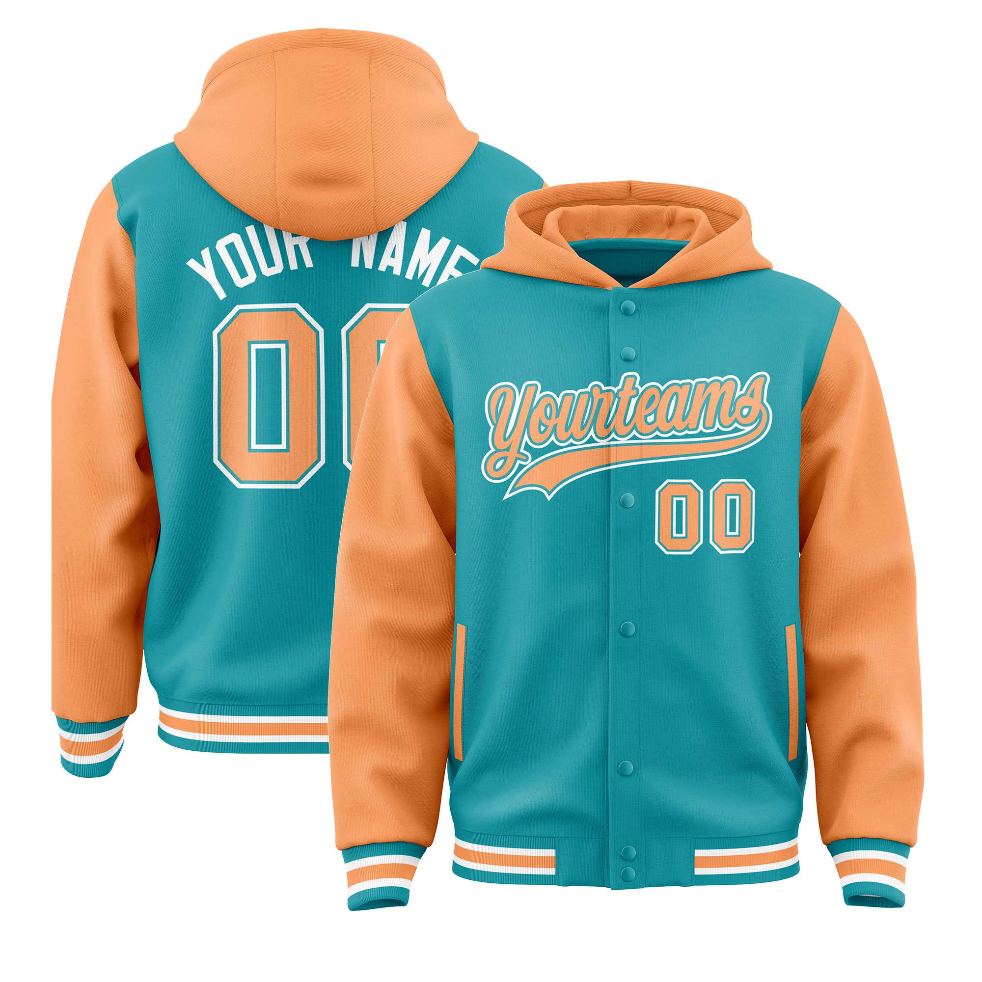 Custom Aqua Orange Raglan Sleeves Varsity Full-Snap Letterman Two Tone Hoodie Jacket