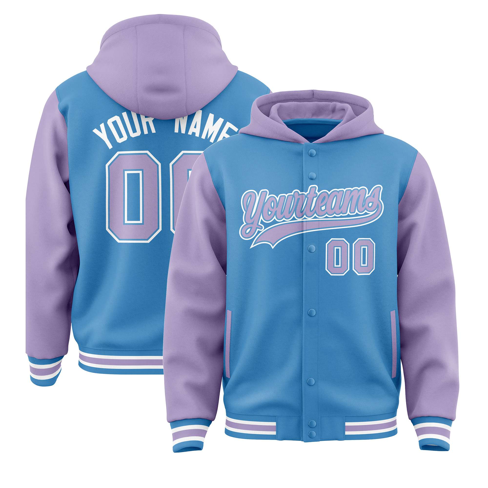 Custom Powder Blue Light Purple Raglan Sleeves Varsity Full-Snap Letterman Two Tone Hoodie Jacket