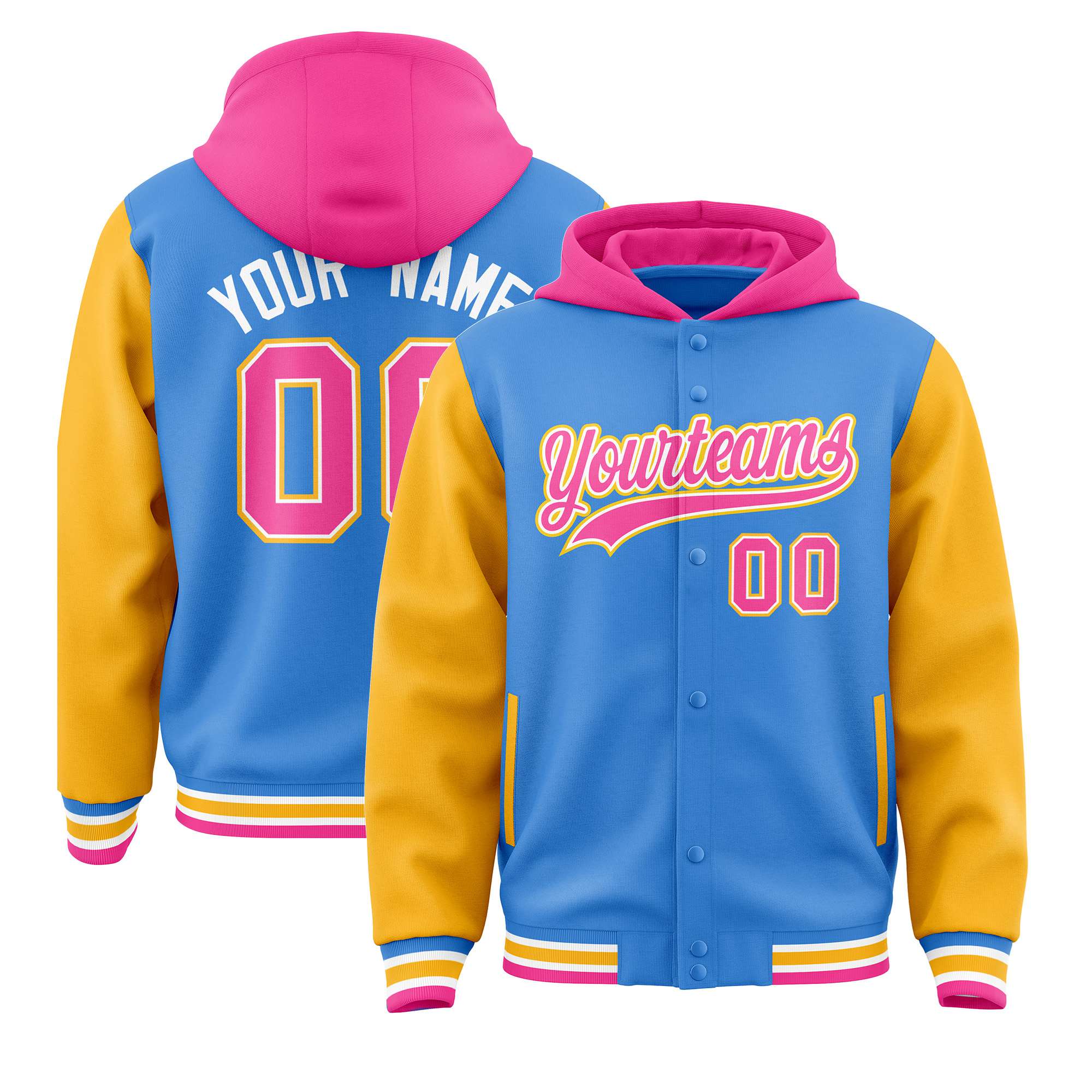 Custom Powder Blue Gold Raglan Sleeves Varsity Full-Snap Letterman Two Tone Hoodie Jacket