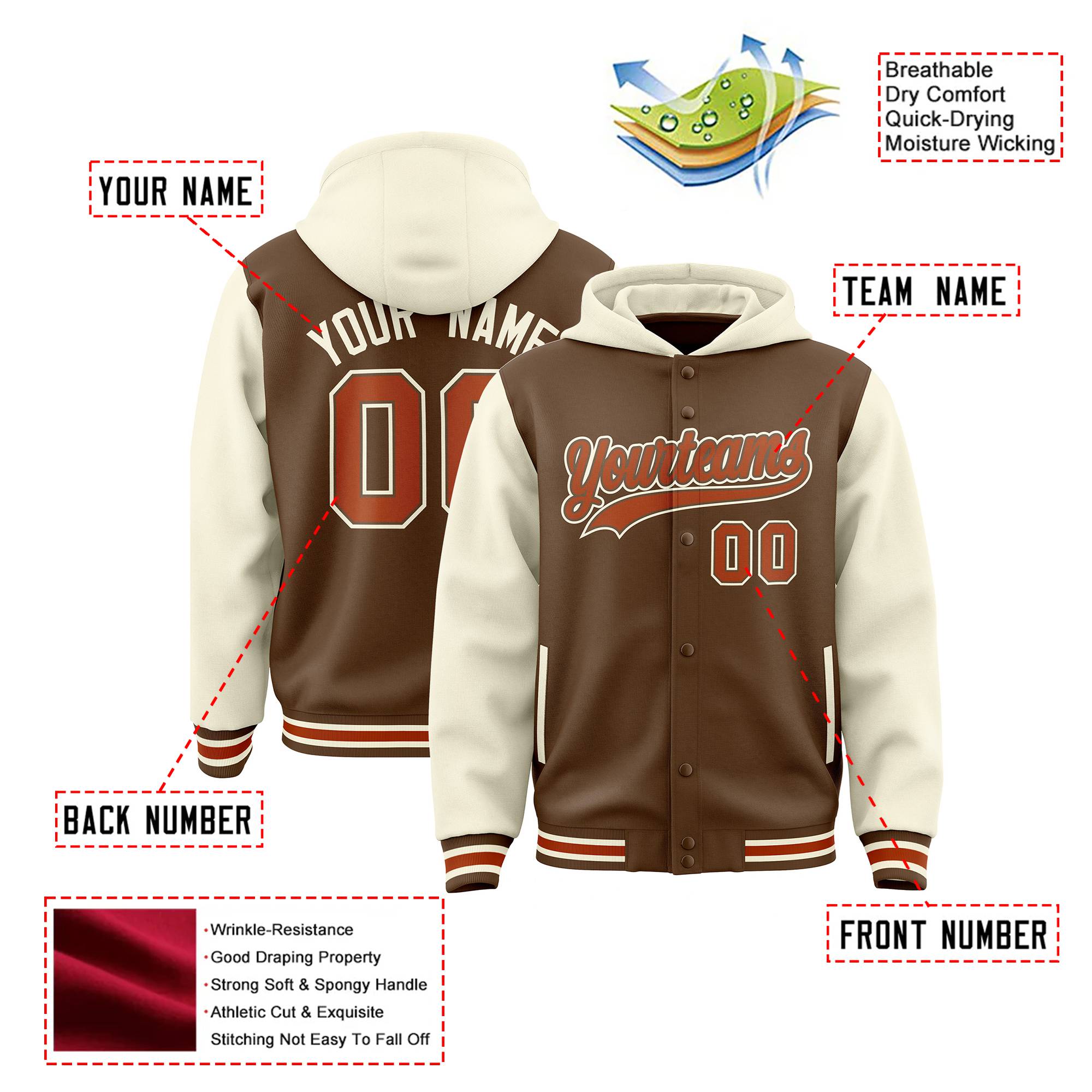 Custom Light Brown Cream Raglan Sleeves Varsity Full-Snap Letterman Two Tone Hoodie Jacket