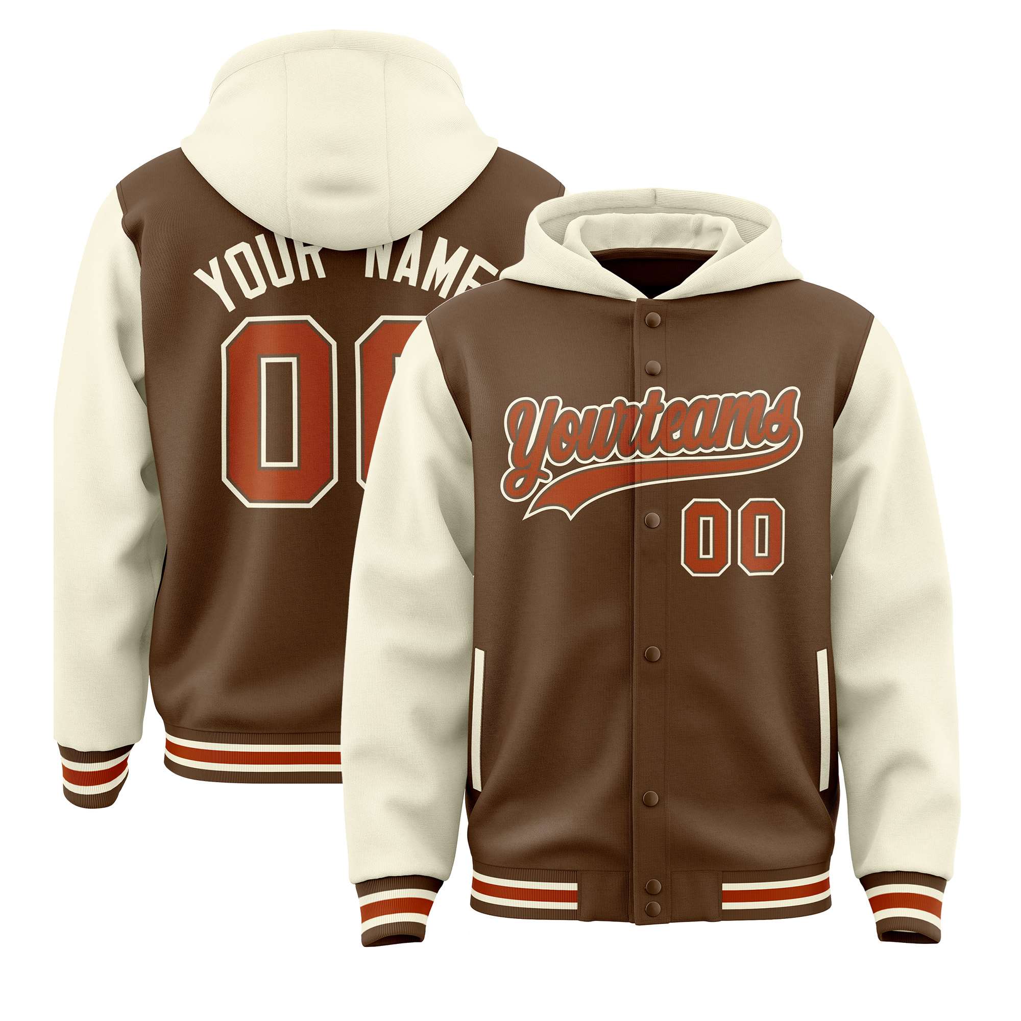 Custom Light Brown Cream Raglan Sleeves Varsity Full-Snap Letterman Two Tone Hoodie Jacket