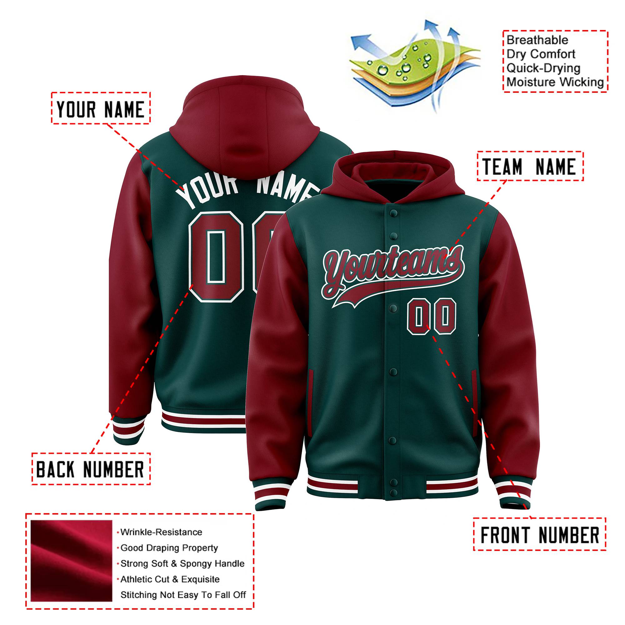 Custom Midnight Green Crimson Raglan Sleeves Varsity Full-Snap Letterman Two Tone Hoodie Jacket