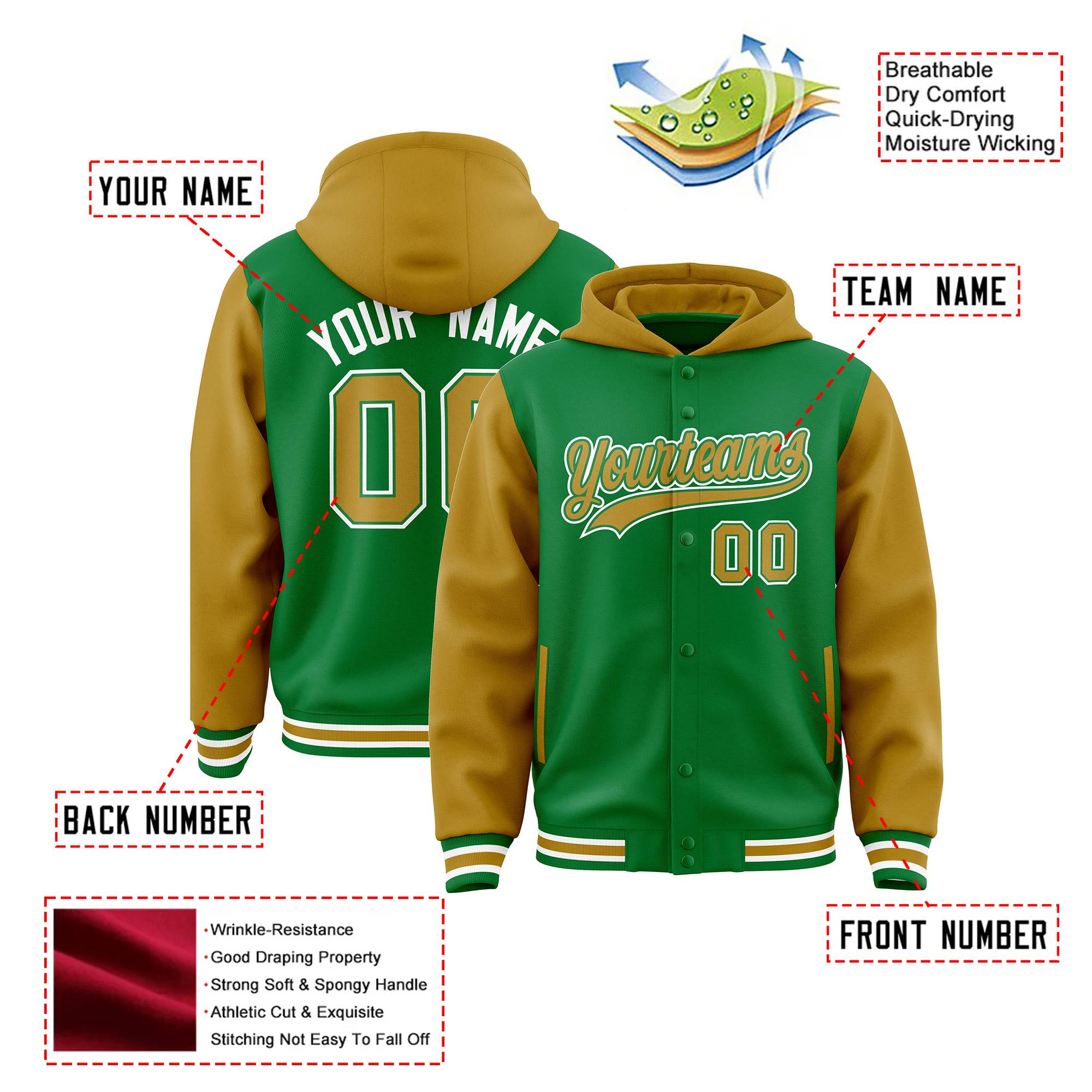 Custom Kelly Green Gold Raglan Sleeves Varsity Full-Snap Letterman Two Tone Hoodie Jacket