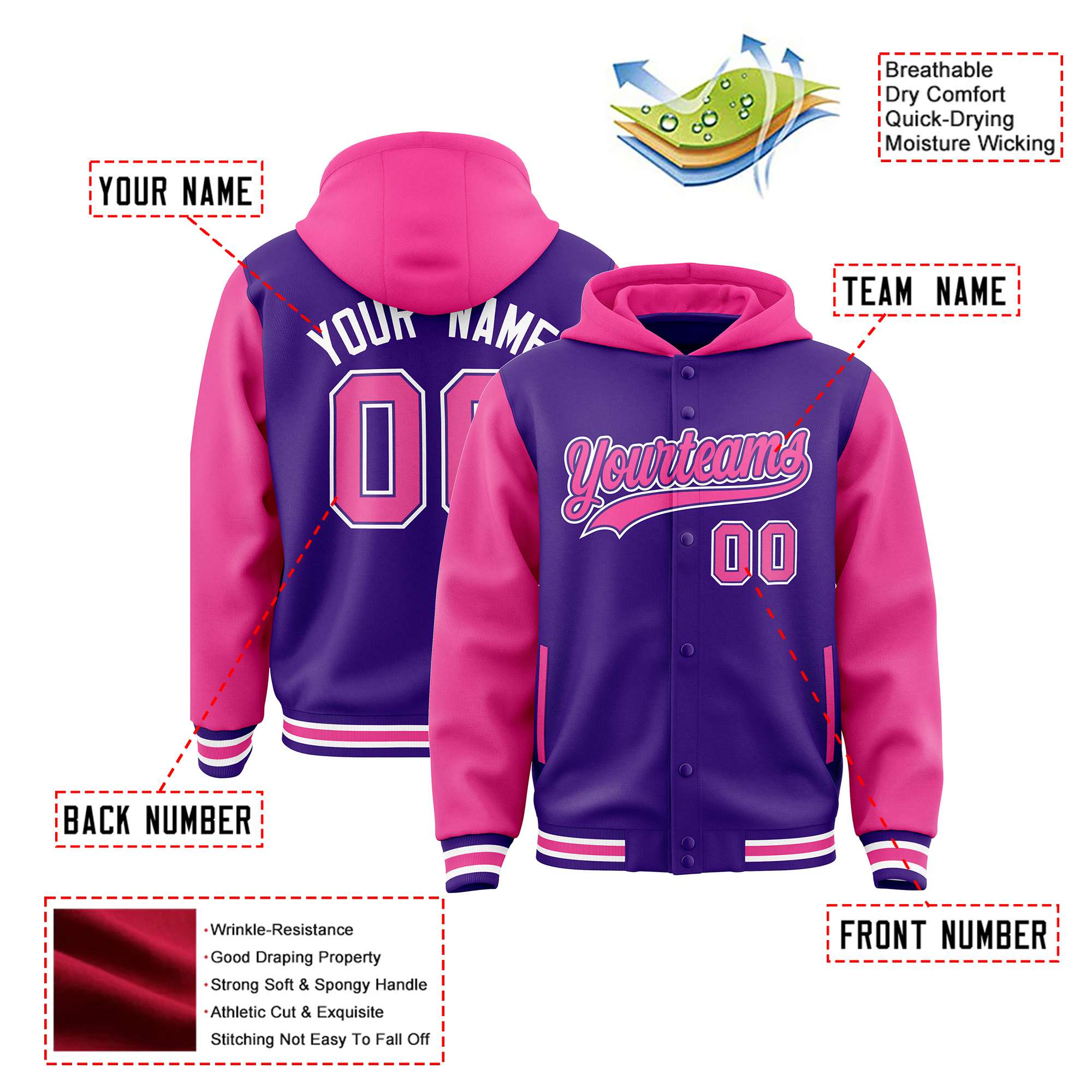 Custom Purple Pink Raglan Sleeves Varsity Full-Snap Letterman Two Tone Hoodie Jacket