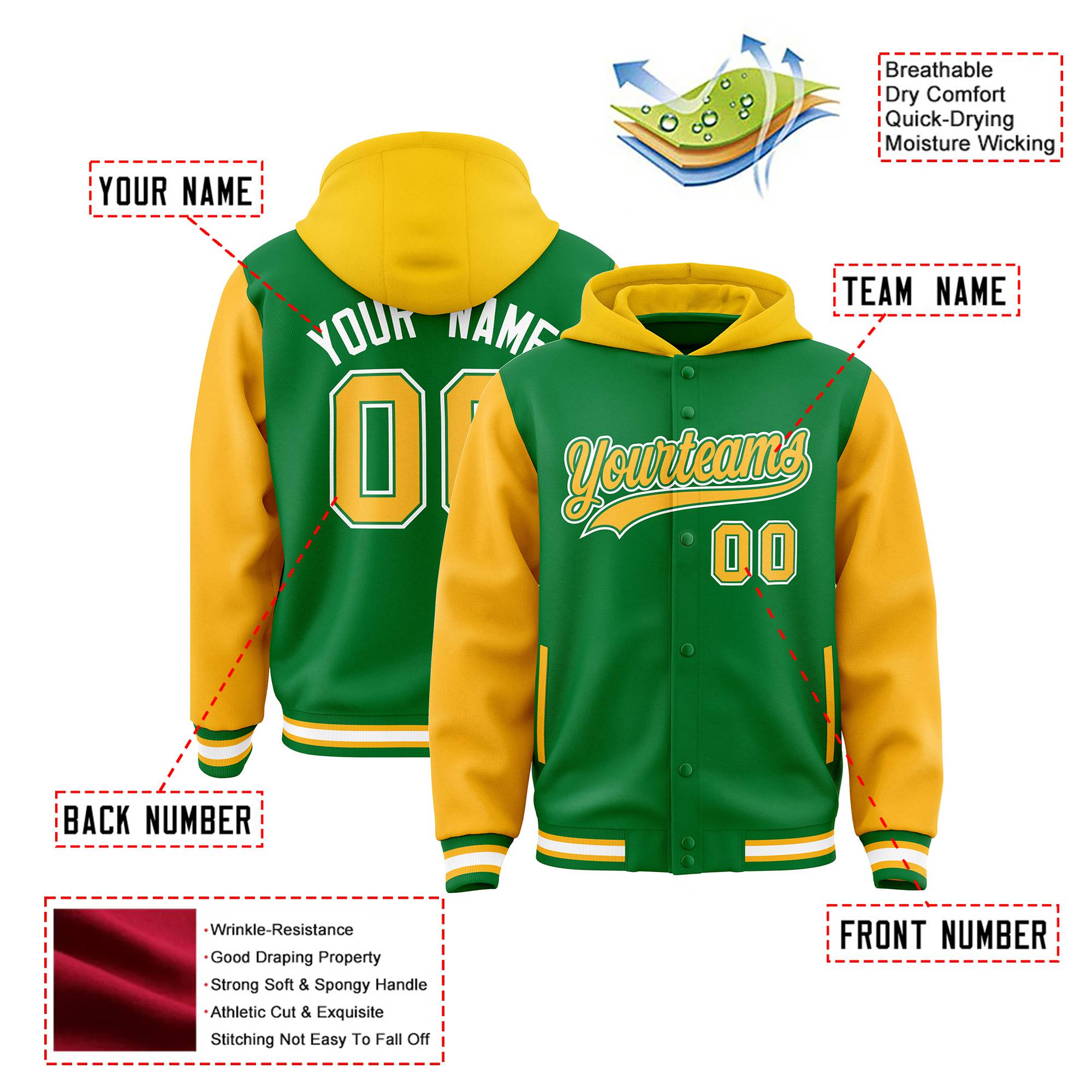 Custom Kelly Green Gold Raglan Sleeves Varsity Full-Snap Letterman Two Tone Hoodie Jacket