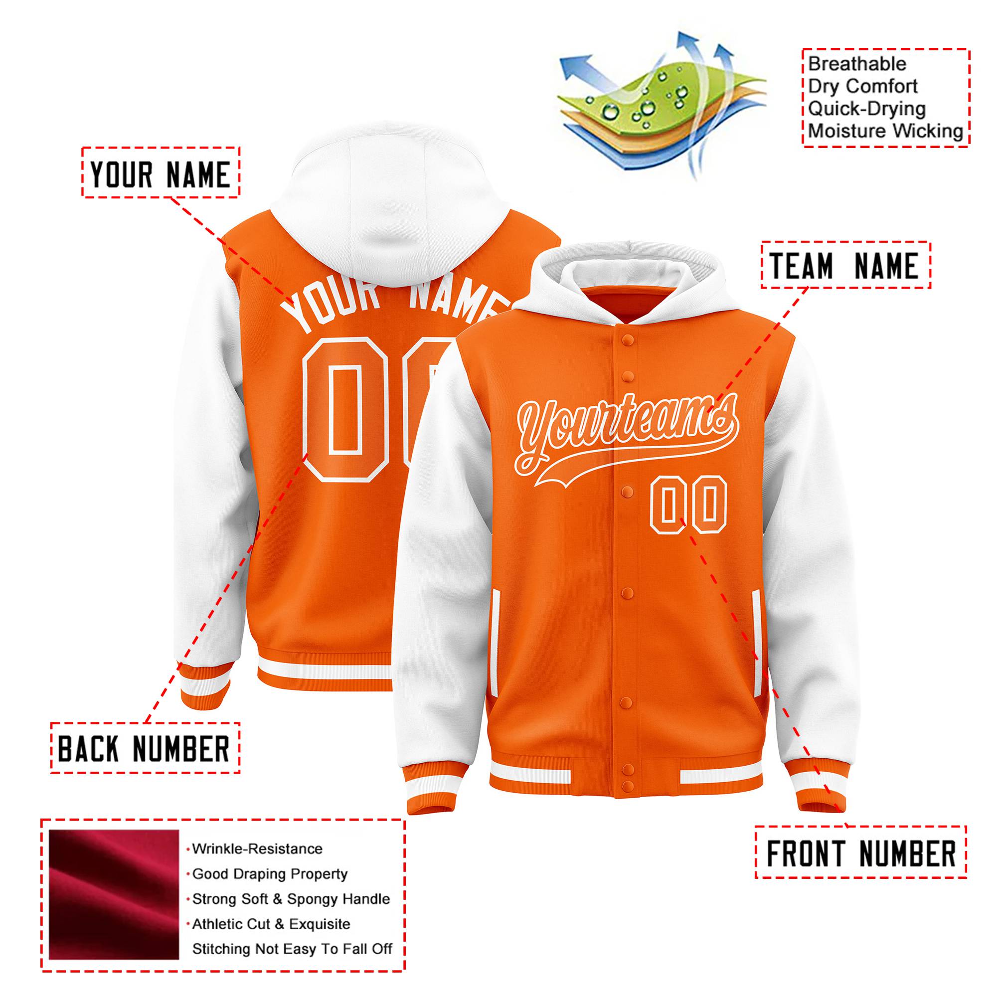 Custom Orange White Raglan Sleeves Varsity Full-Snap Letterman Two Tone Hoodie Jacket