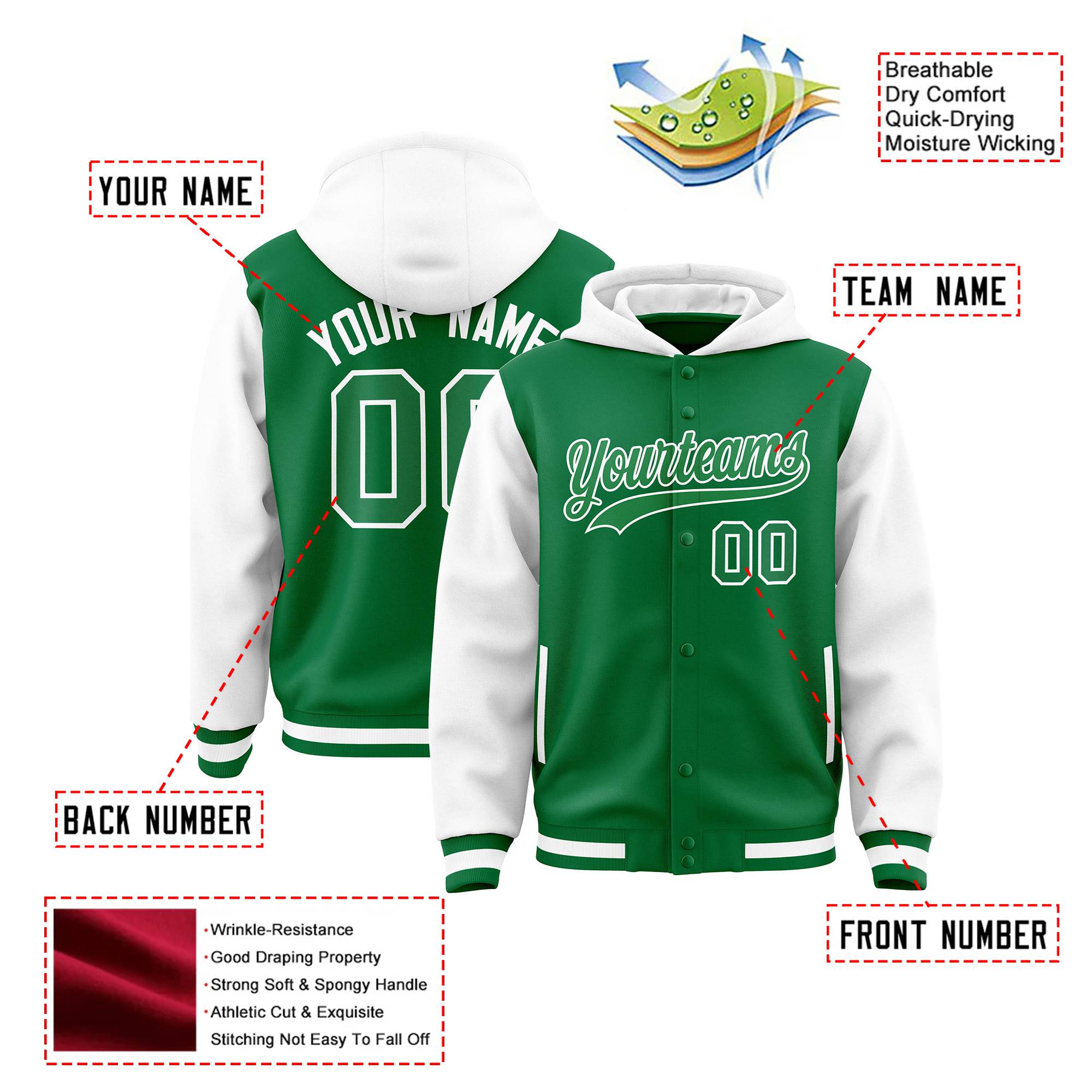 Custom Kelly Green White Raglan Sleeves Varsity Full-Snap Letterman Two Tone Hoodie Jacket