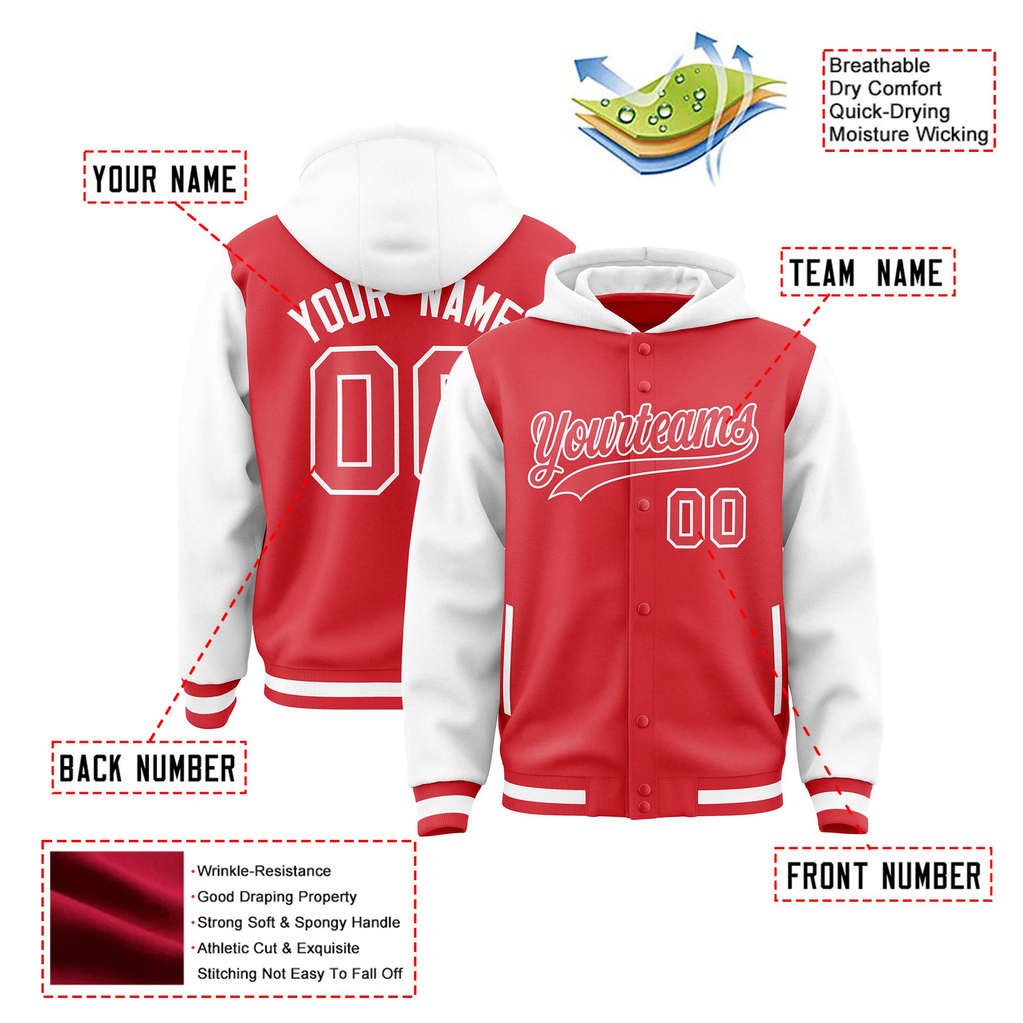 Custom Light Red White Raglan Sleeves Varsity Full-Snap Letterman Two Tone Hoodie Jacket