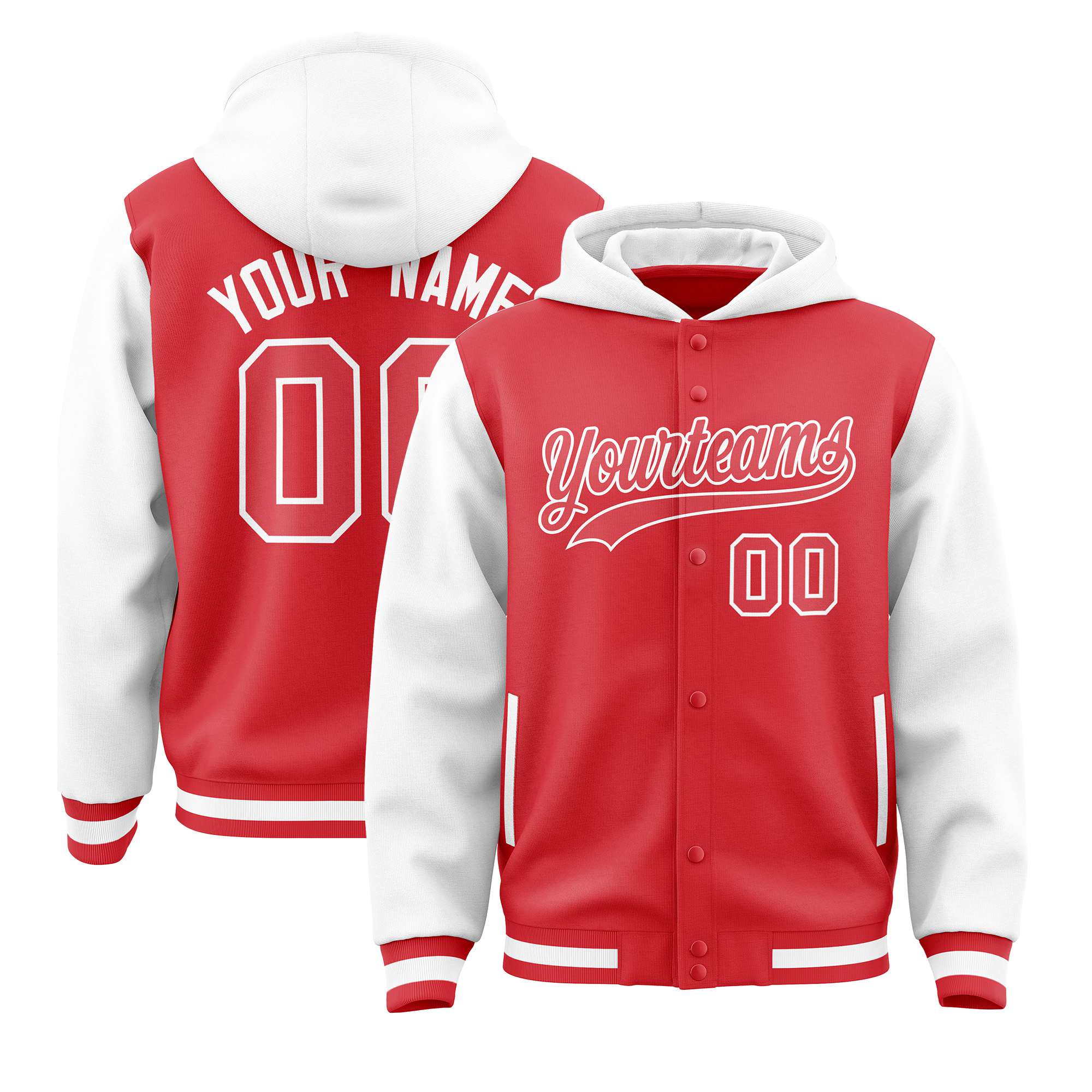 Custom Light Red White Raglan Sleeves Varsity Full-Snap Letterman Two Tone Hoodie Jacket