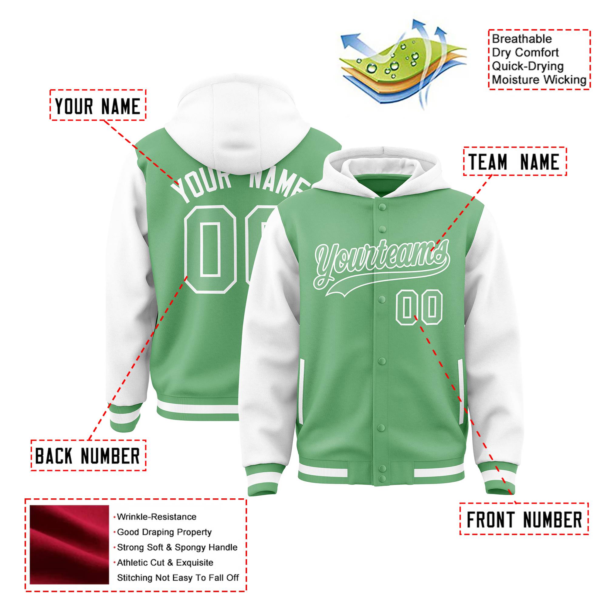 Custom Green White Raglan Sleeves Varsity Full-Snap Letterman Two Tone Hoodie Jacket