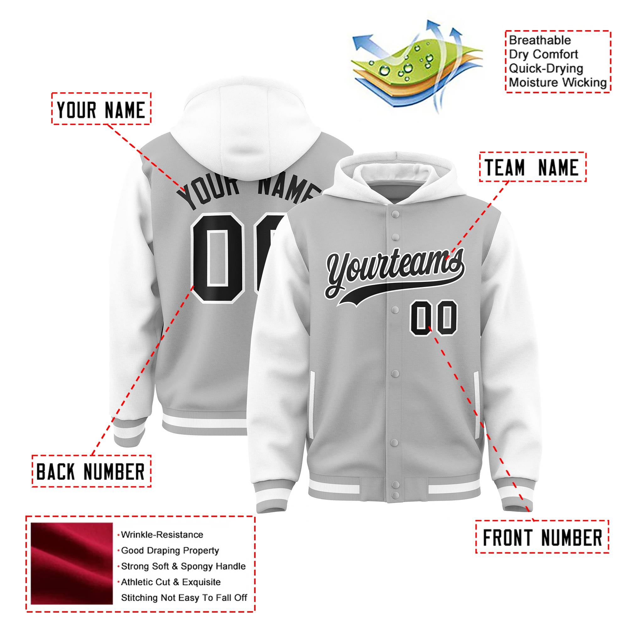 Custom Gray White Raglan Sleeves Varsity Full-Snap Letterman Two Tone Hoodie Jacket