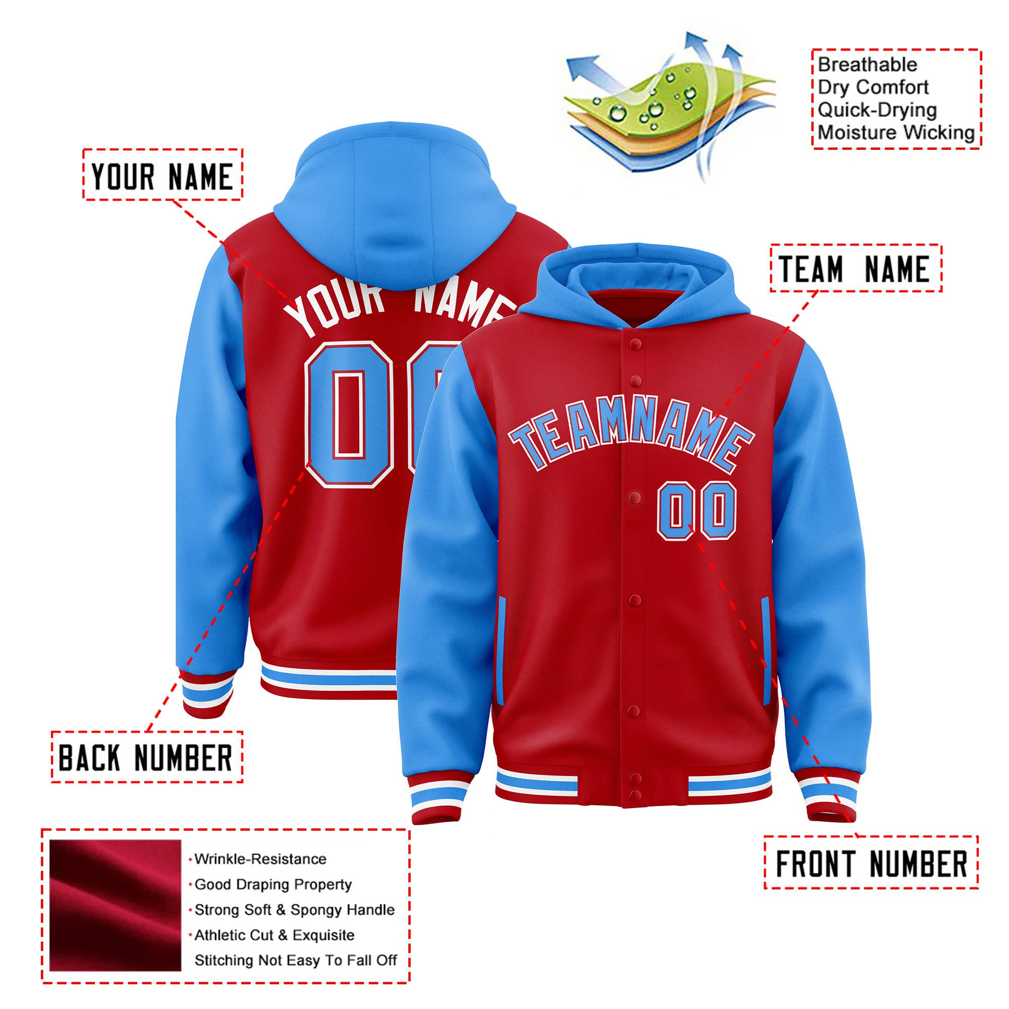 Custom Red Powder Blue Raglan Sleeves Varsity Full-Snap Letterman Two Tone Hoodie Jacket