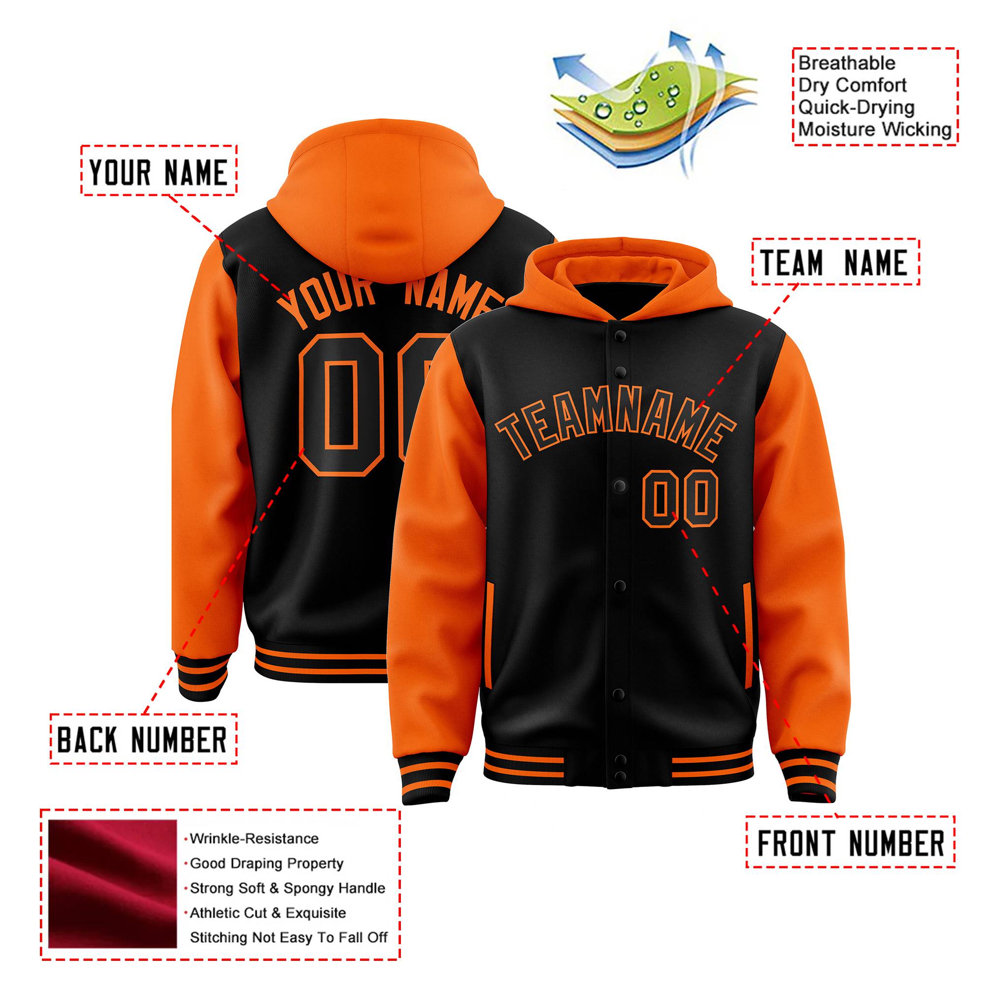 Custom Black Orange Raglan Sleeves Varsity Full-Snap Letterman Two Tone Hoodie Jacket