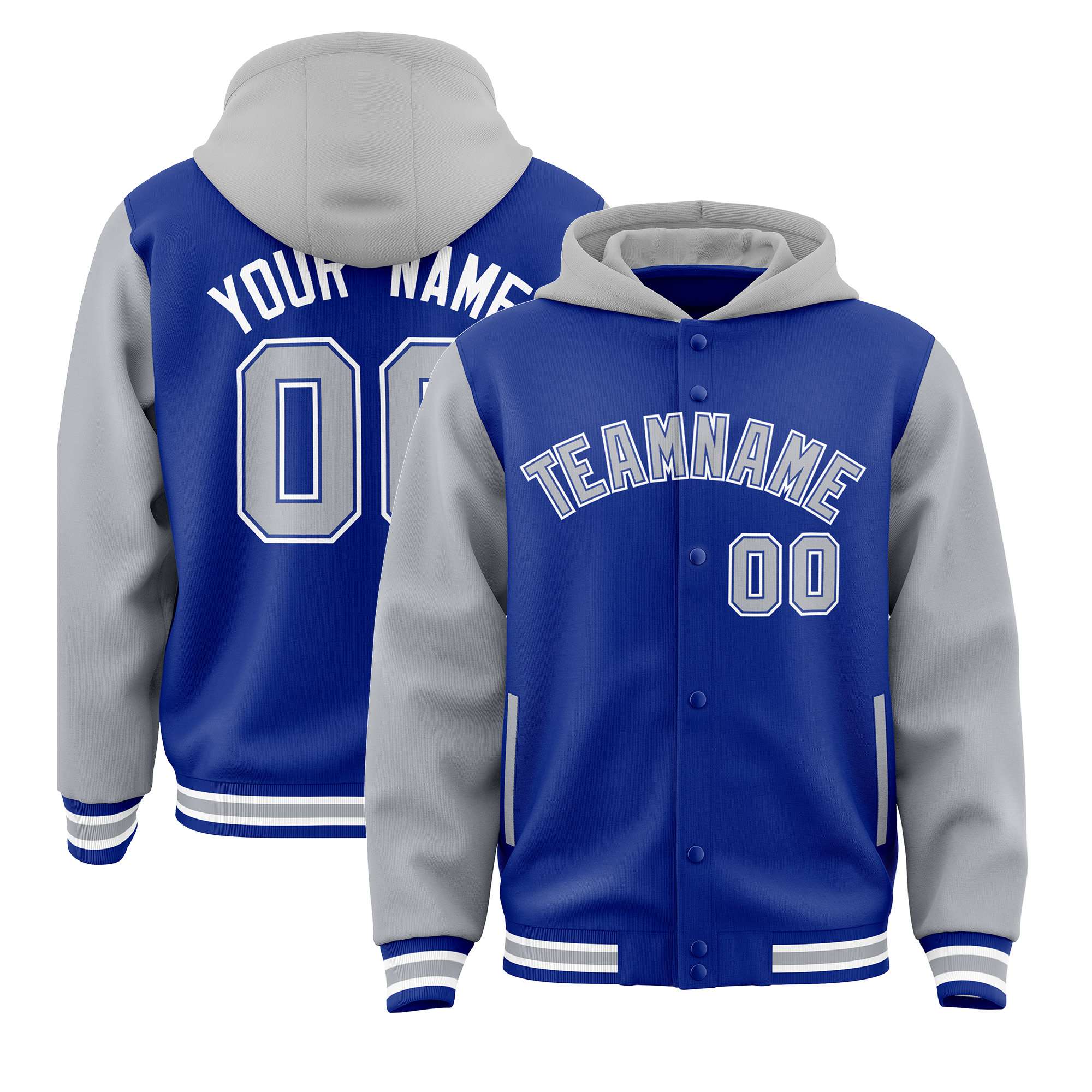 Custom Royal Blue Gray Raglan Sleeves Varsity Full-Snap Letterman Two Tone Hoodie Jacket