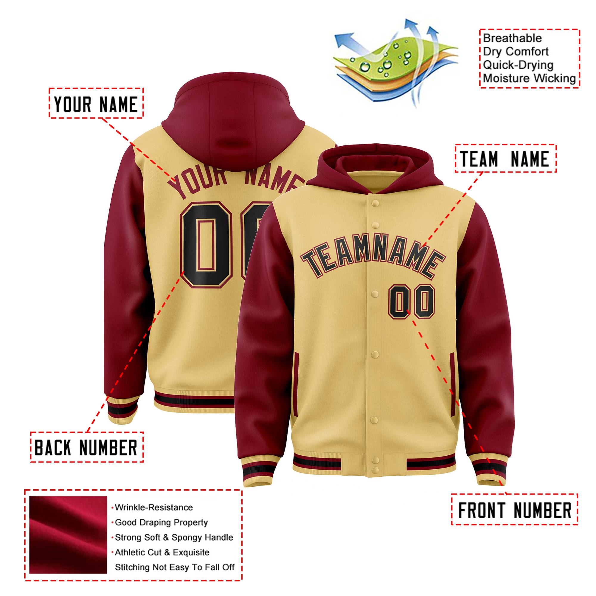 Custom Khaki Crimson Raglan Sleeves Varsity Full-Snap Letterman Two Tone Hoodie Jacket