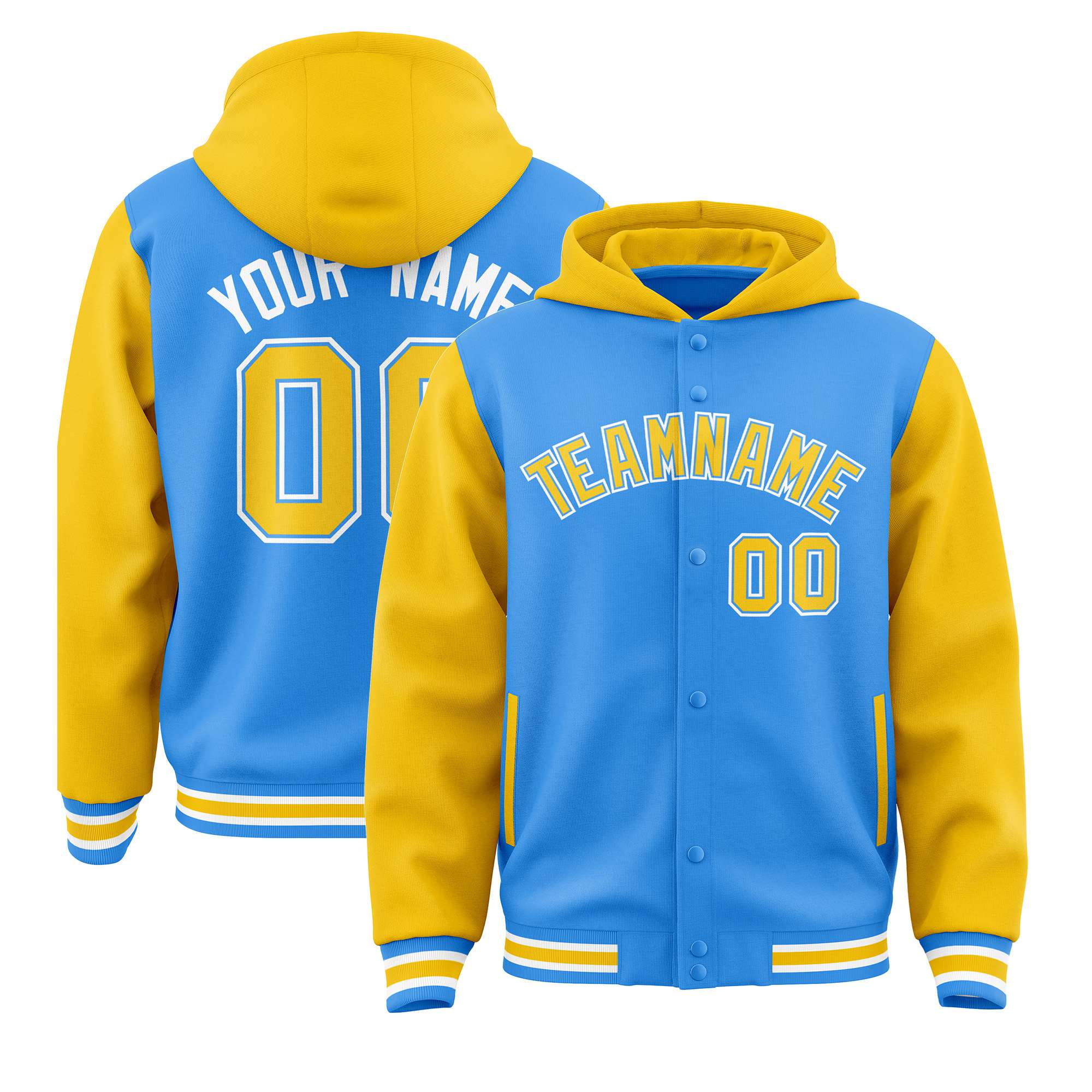 Custom Powder Blue Gold Raglan Sleeves Varsity Full-Snap Letterman Two Tone Hoodie Jacket