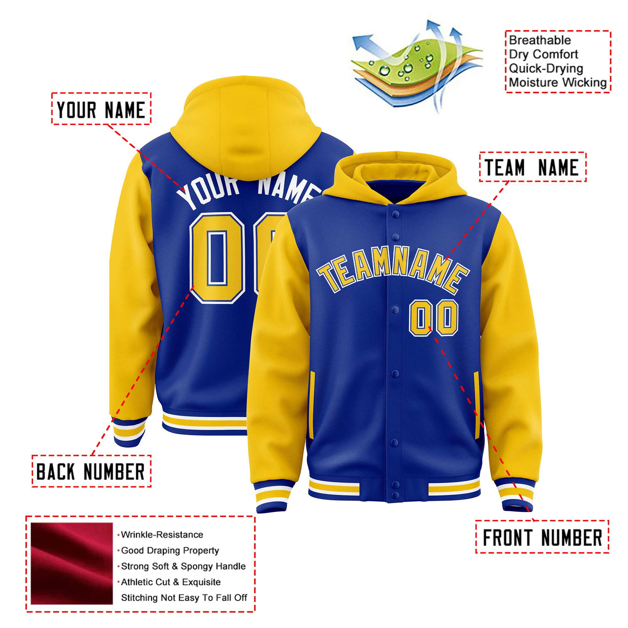 Custom Royal Blue Gold Raglan Sleeves Varsity Full-Snap Letterman Two Tone Hoodie Jacket