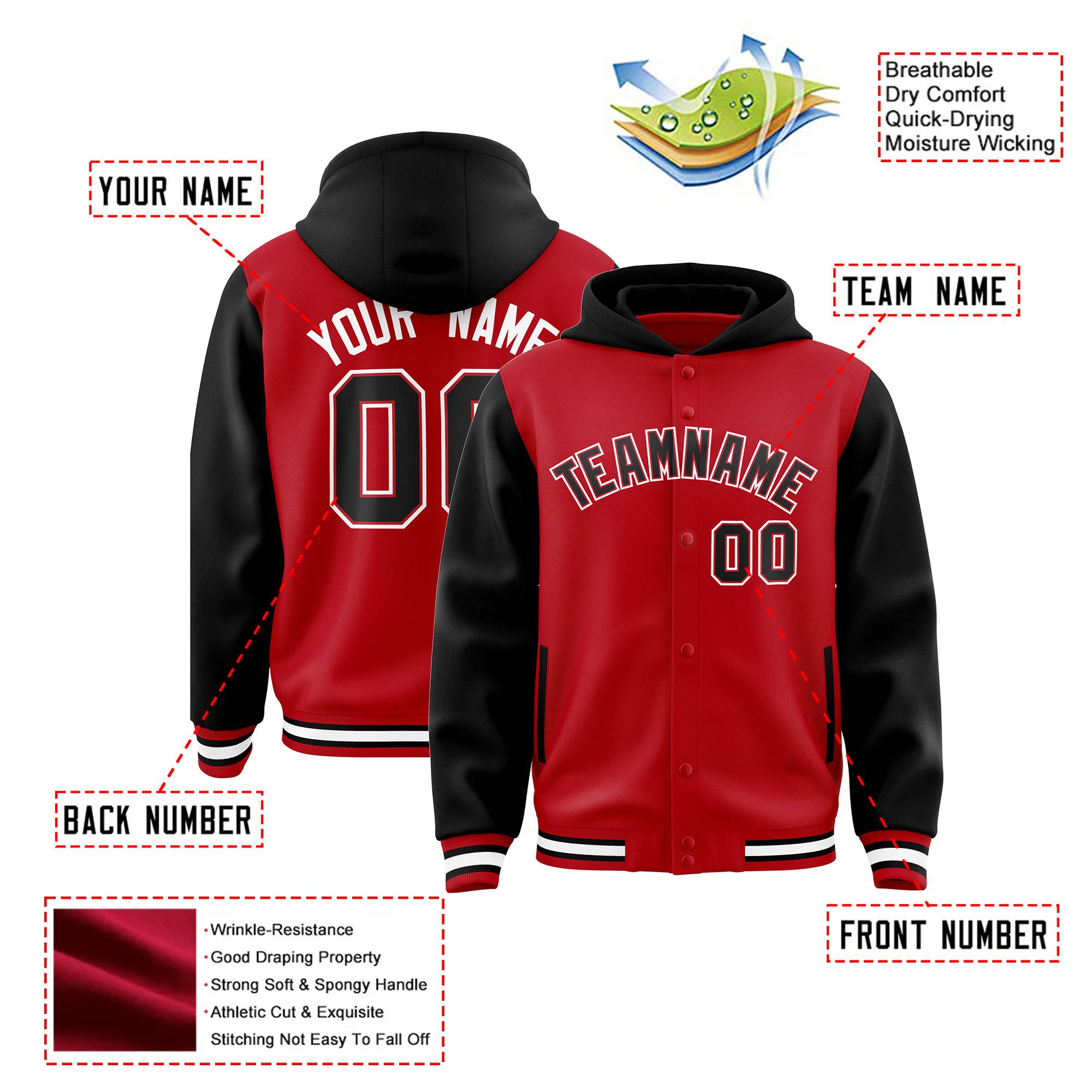 Custom Red Black Raglan Sleeves Varsity Full-Snap Letterman Two Tone Hoodie Jacket