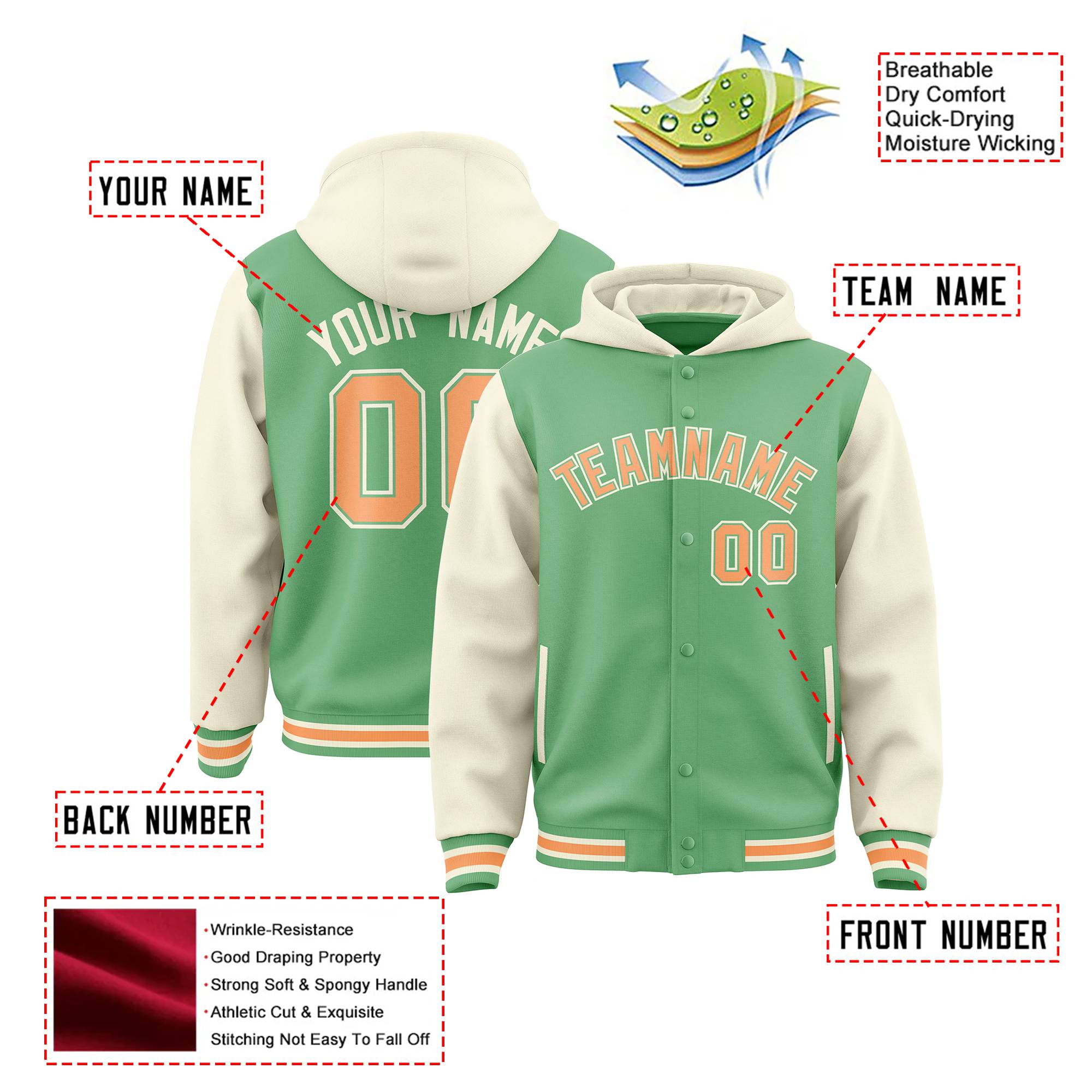 Custom Green Cream Raglan Sleeves Varsity Full-Snap Letterman Two Tone Hoodie Jacket