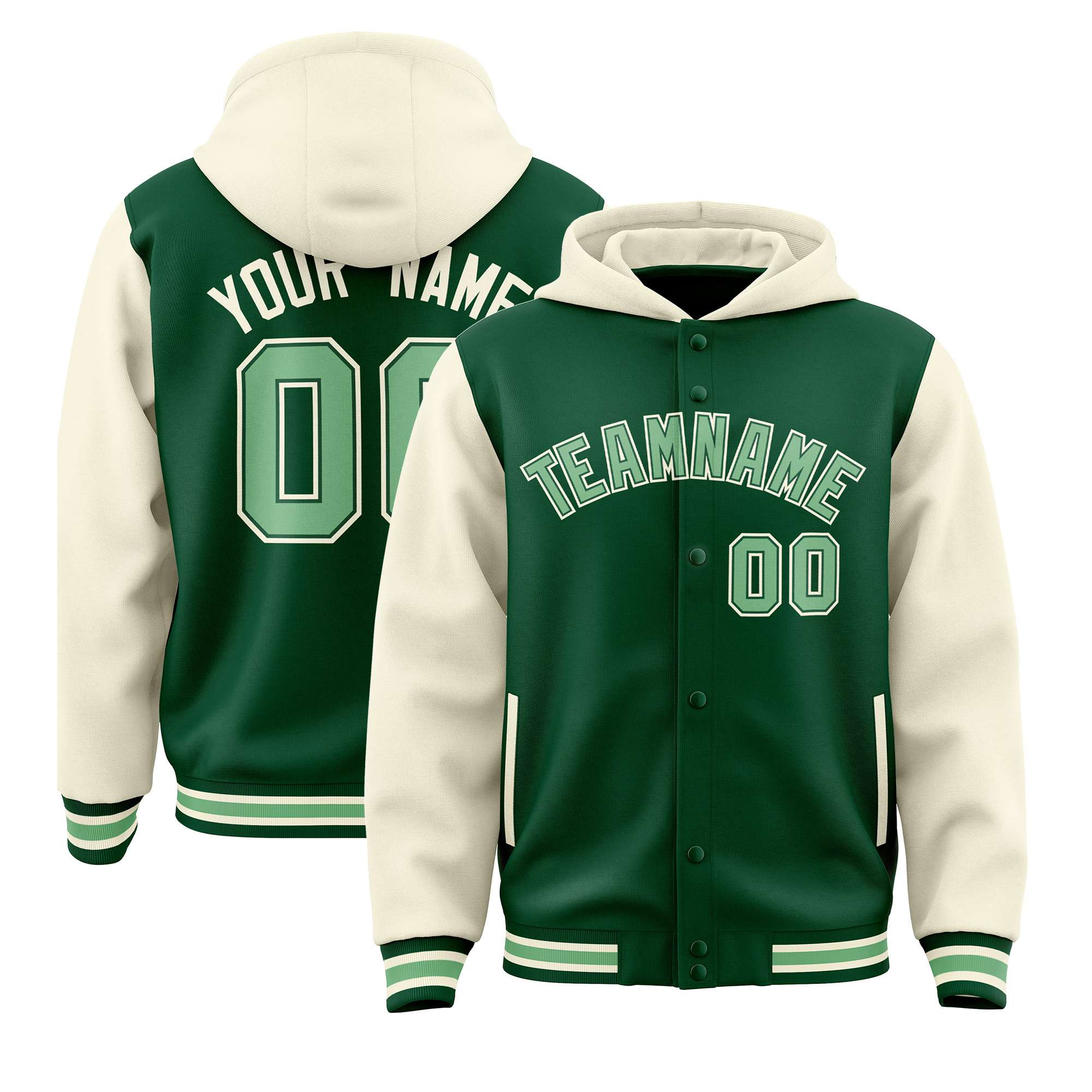 Custom Green Cream Raglan Sleeves Varsity Full-Snap Letterman Two Tone Hoodie Jacket