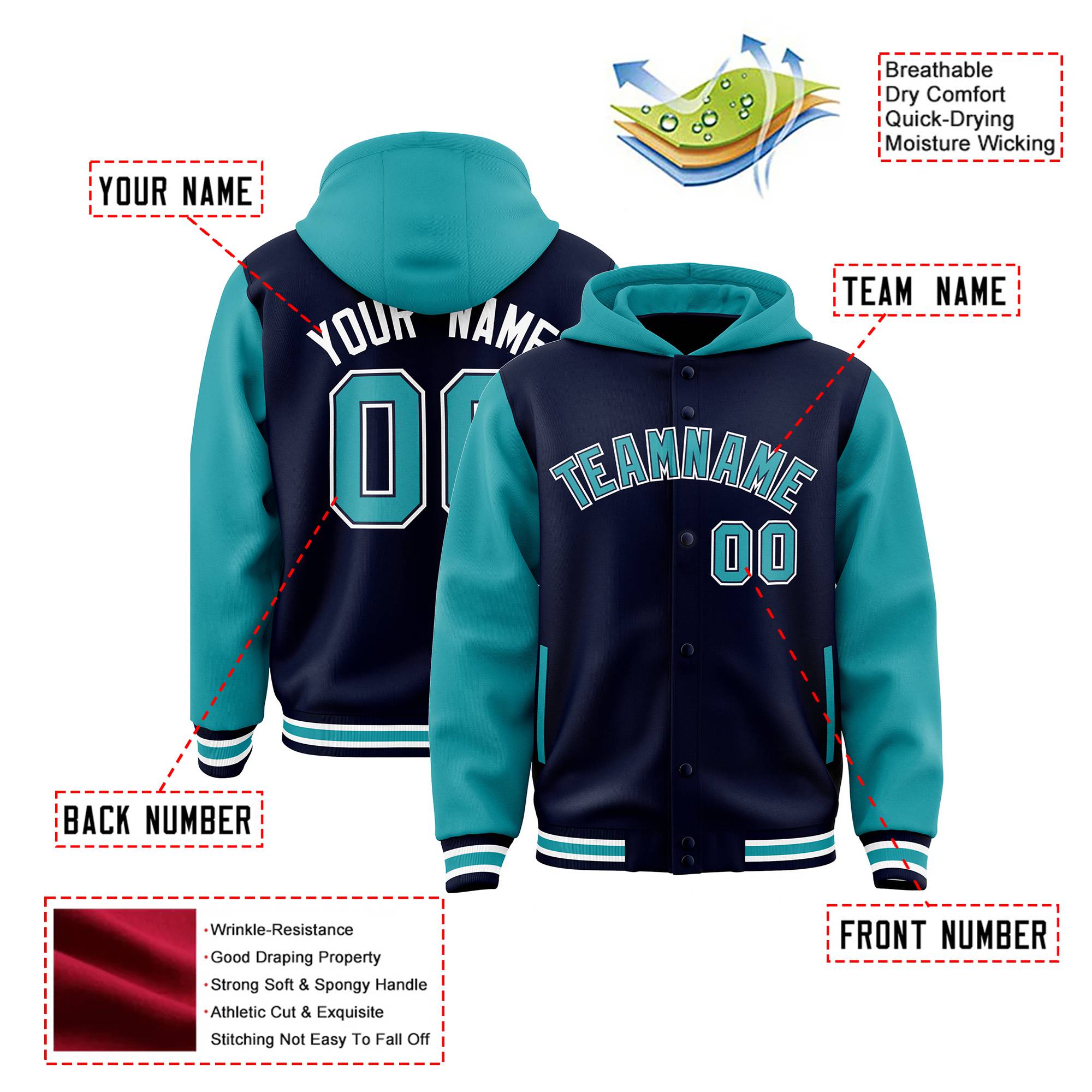 Custom Navy Aqua Raglan Sleeves Varsity Full-Snap Letterman Two Tone Hoodie Jacket