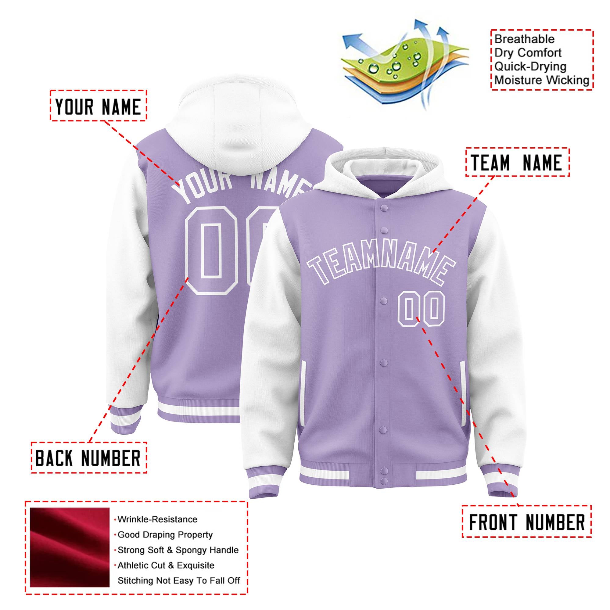 Custom Light Purple White Raglan Sleeves Varsity Full-Snap Letterman Two Tone Hoodie Jacket