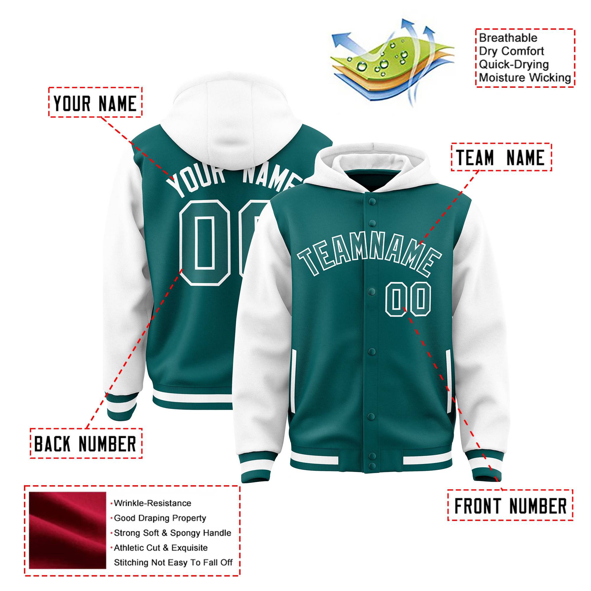 Custom Aqua White Raglan Sleeves Varsity Full-Snap Letterman Two Tone Hoodie Jacket