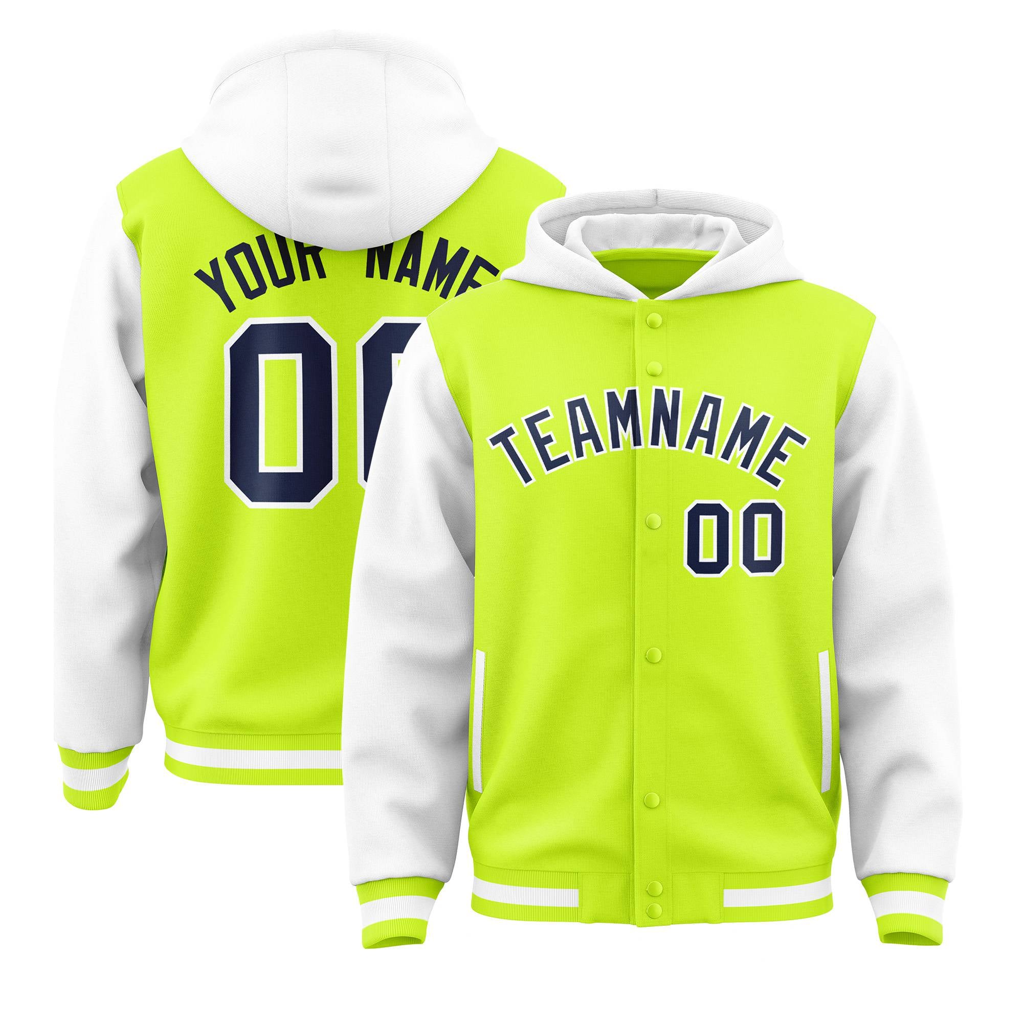 Custom Fluorescent Green White Raglan Sleeves Varsity Full-Snap Letterman Two Tone Hoodie Jacket