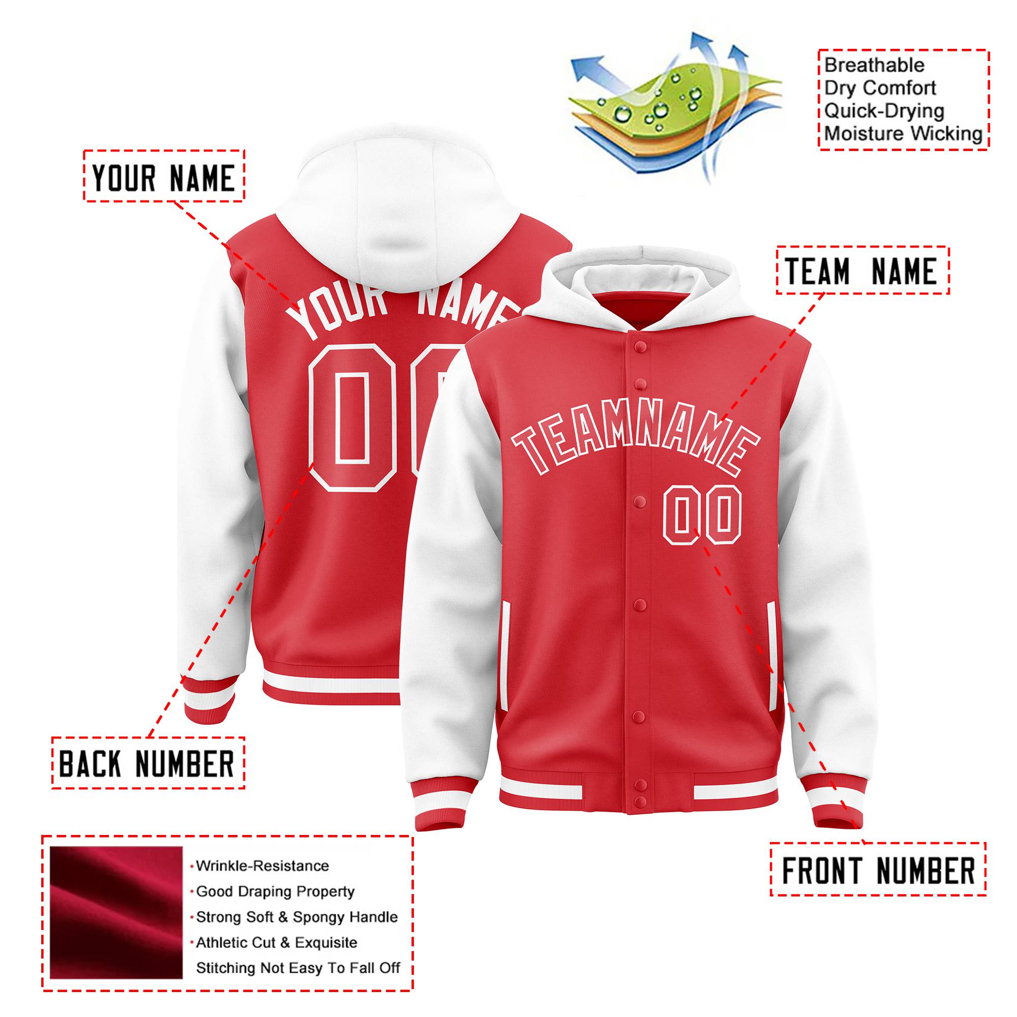 Custom Light Red White Raglan Sleeves Varsity Full-Snap Letterman Two Tone Hoodie Jacket