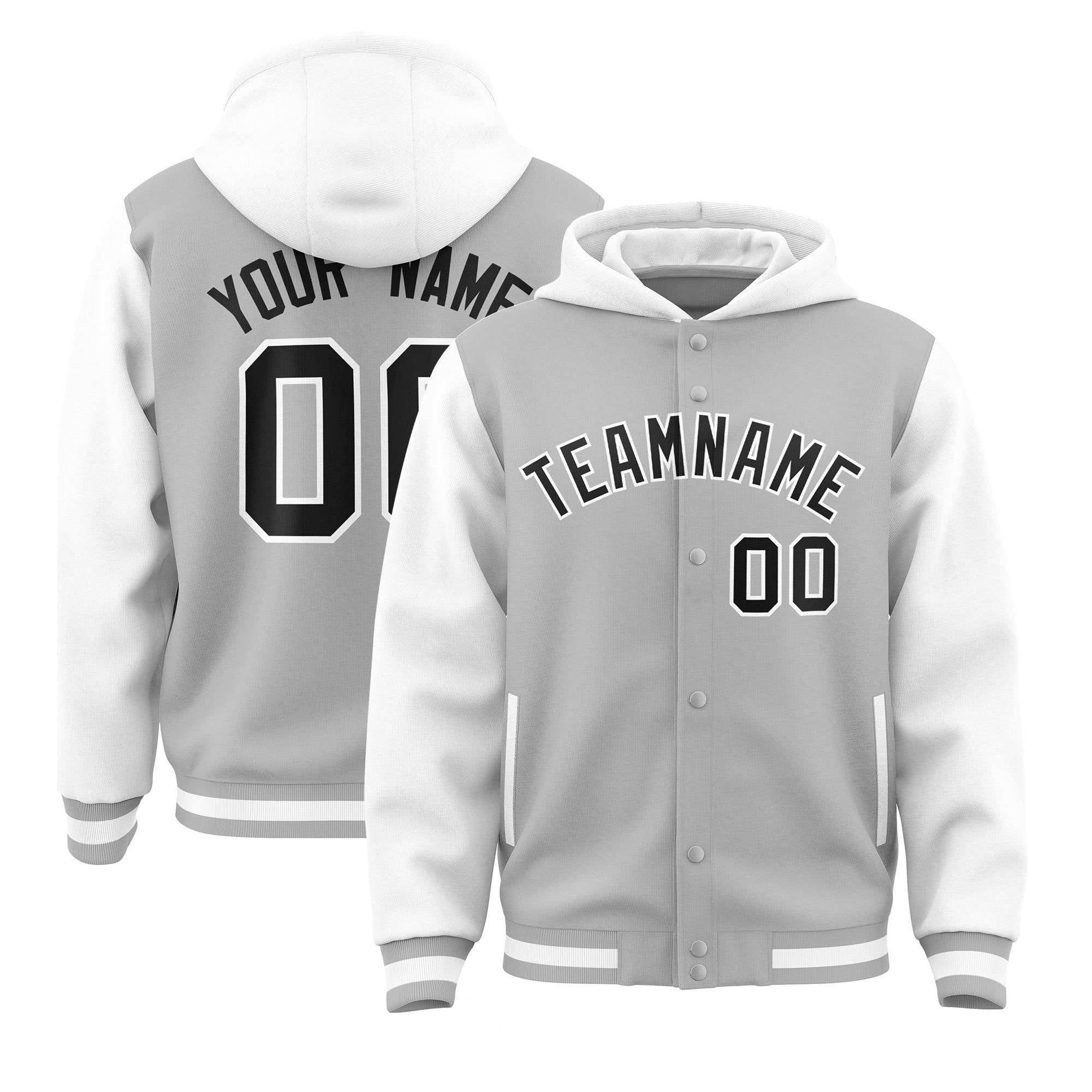 Custom Gray White Raglan Sleeves Varsity Full-Snap Letterman Two Tone Hoodie Jacket