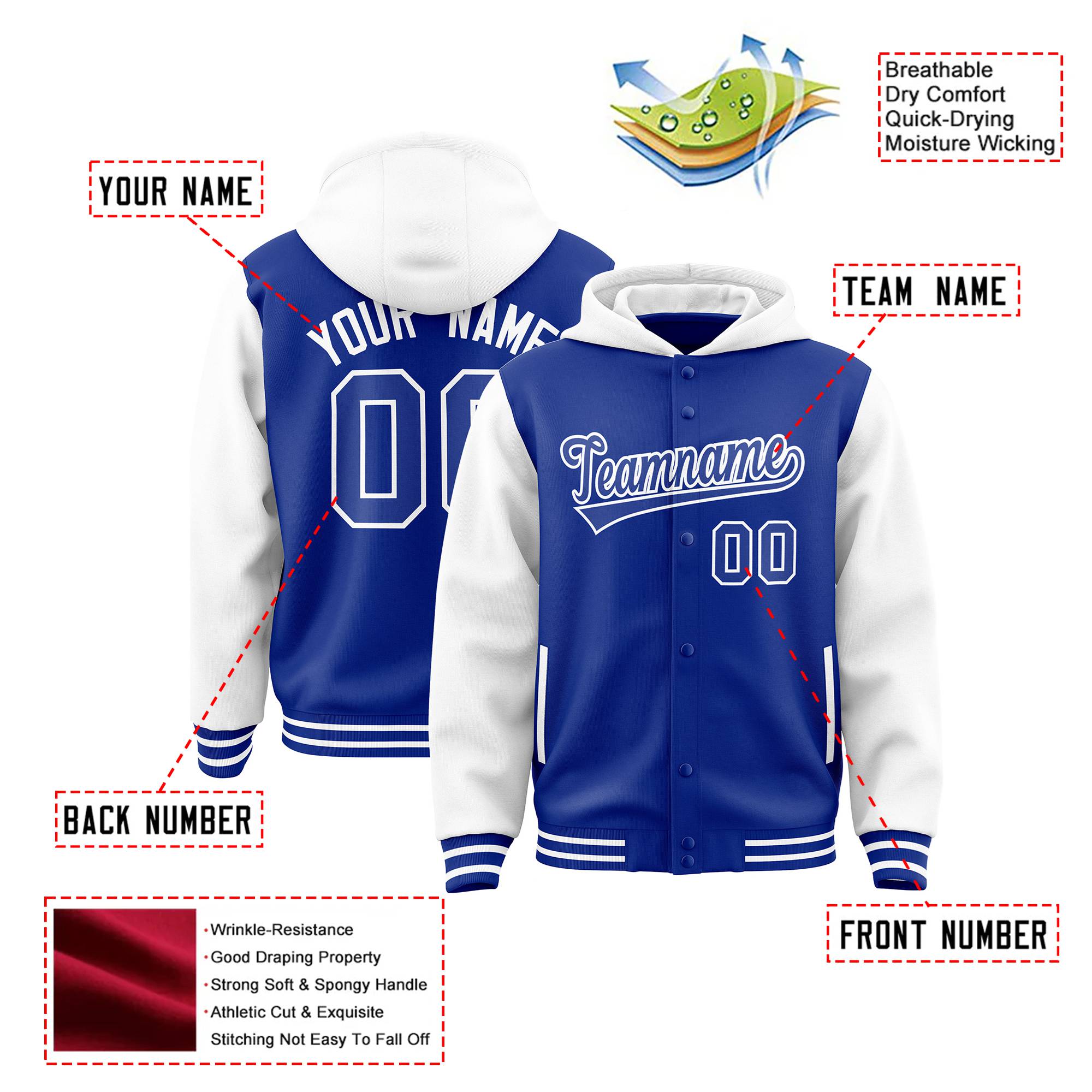 Custom Royal Blue White Raglan Sleeves Varsity Full-Snap Letterman Two Tone Hoodie Jacket